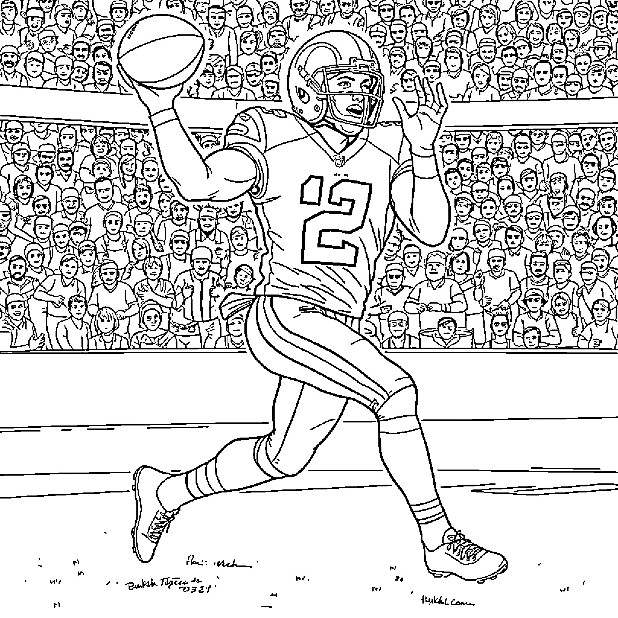 Puka Nacua playing football in the stadium Coloring Page (free black-and-white line drawing printable PDF for all, from beginners to advanced learners, including children, teens, adults, and seniors)