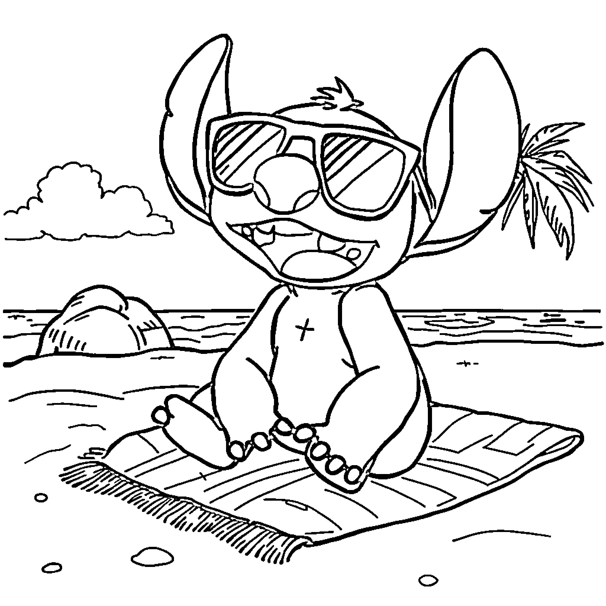 Stitch relaxing on the beach with sunglasses Coloring Page (free black-and-white line drawing printable PDF for all, from beginners to advanced learners, including children, teens, adults, and seniors)
