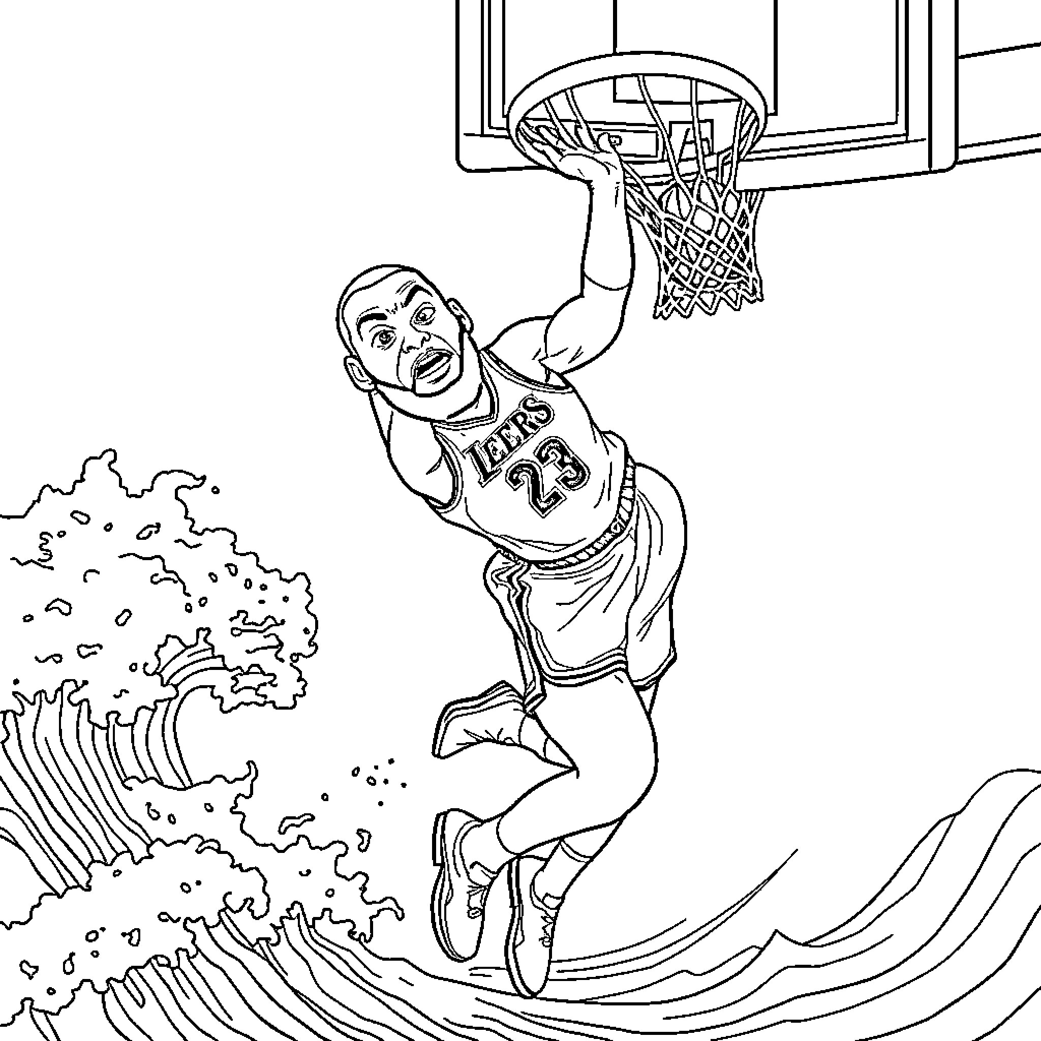 LeBron James making a powerful dunk Coloring Page (free black-and-white line drawing printable PDF for all, from beginners to advanced learners, including children, teens, adults, and seniors)