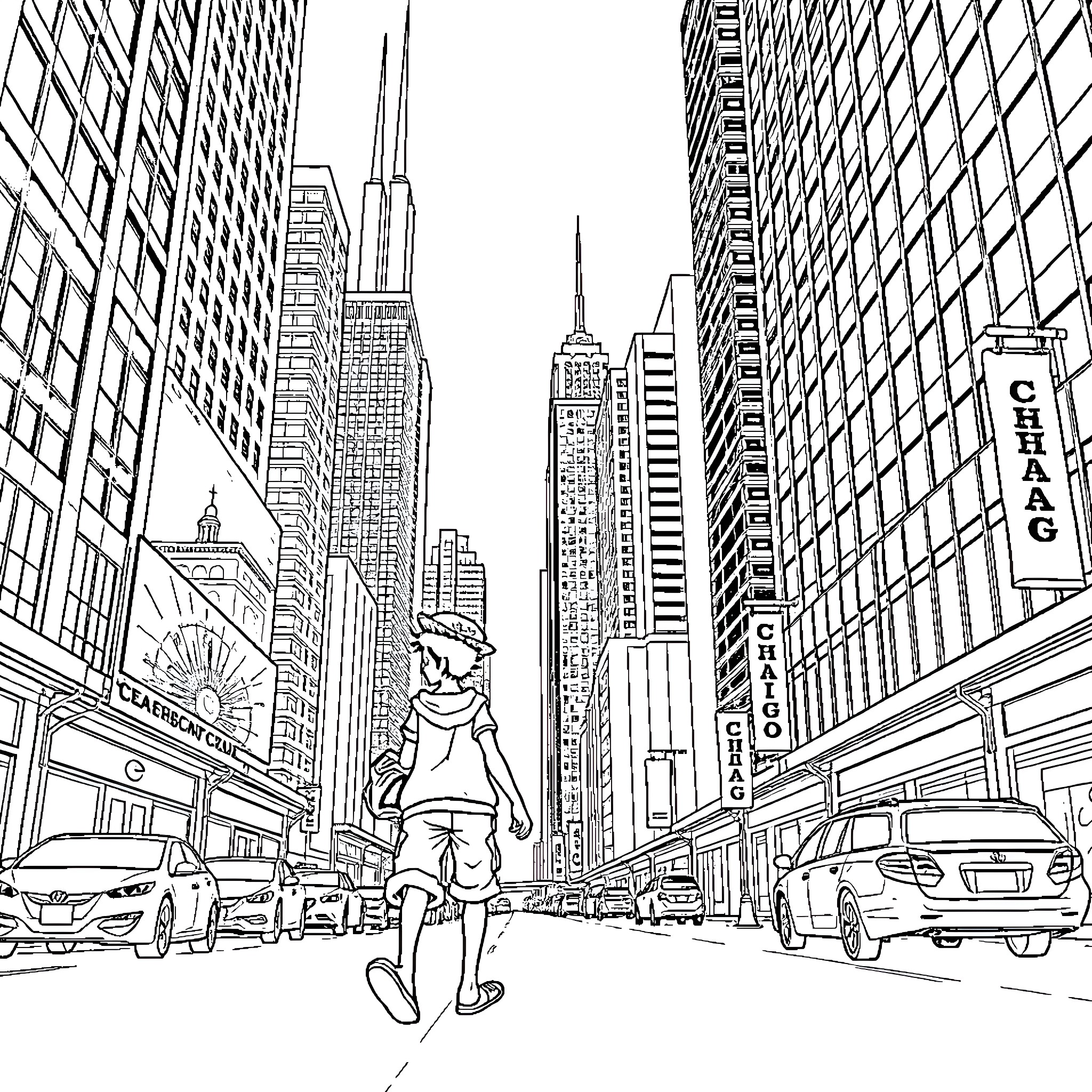 Luffy exploring the bustling city streets Coloring Page (free black-and-white line drawing printable PDF for all, from beginners to advanced learners, including children, teens, adults, and seniors)