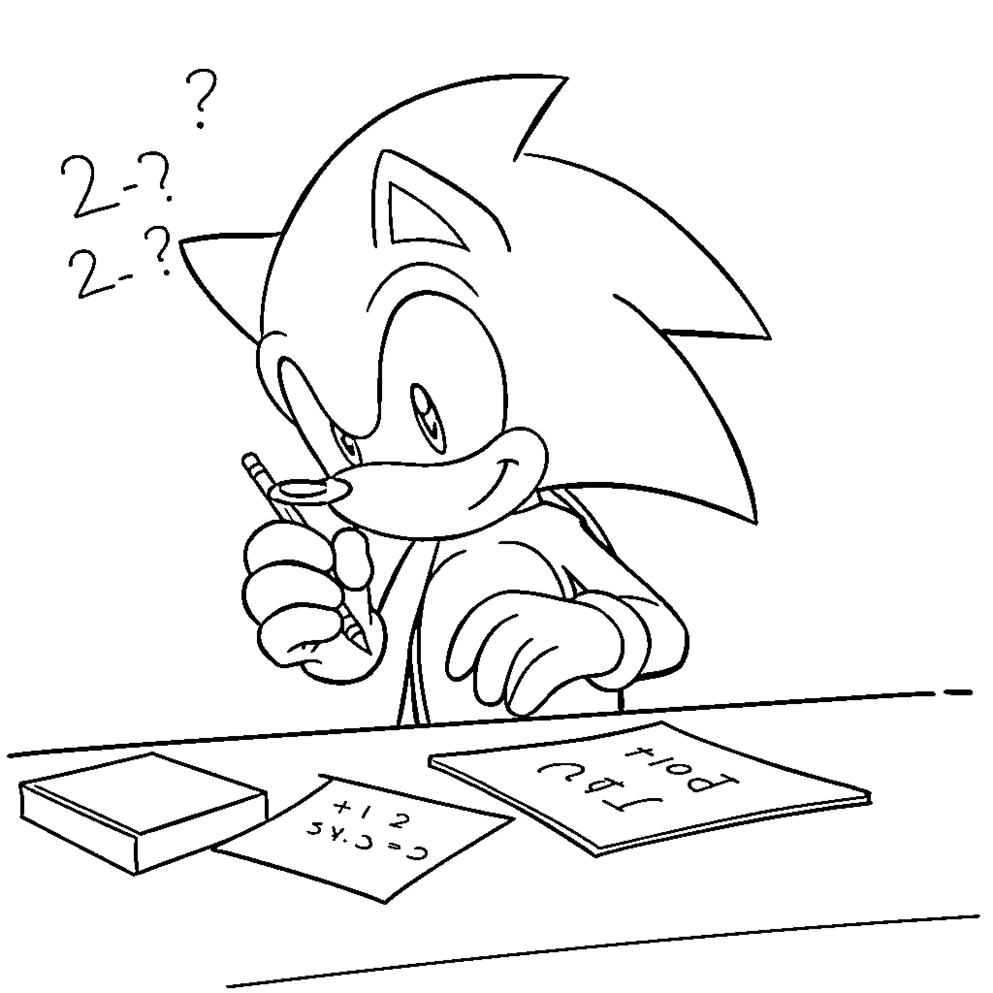 Sonic contemplating math problems Coloring Page (free black-and-white line drawing printable PDF for all, from beginners to advanced learners, including children, teens, adults, and seniors)