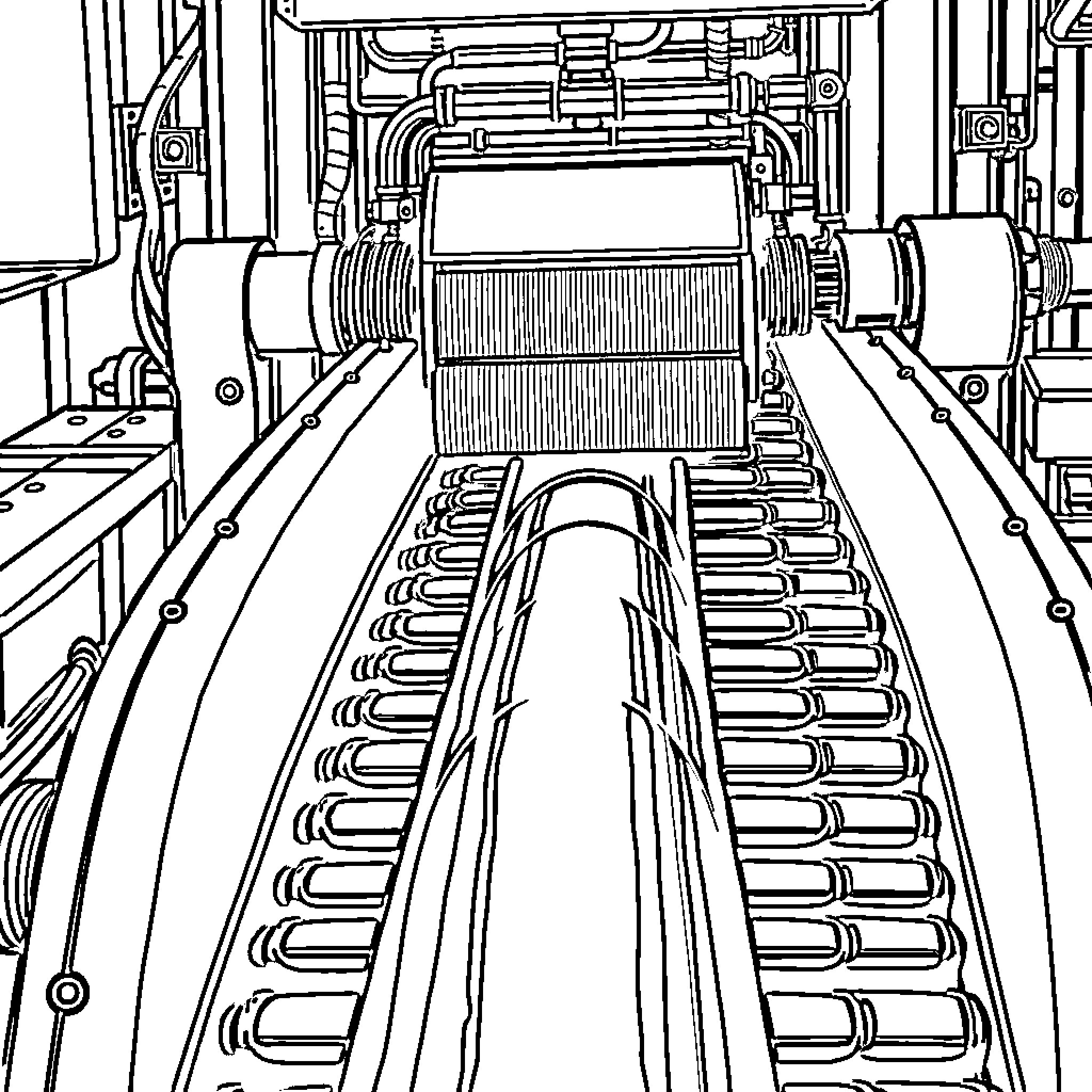 Conveyor belt transporting industrial components Coloring Page (free black-and-white line drawing printable PDF for all, from beginners to advanced learners, including children, teens, adults, and seniors)