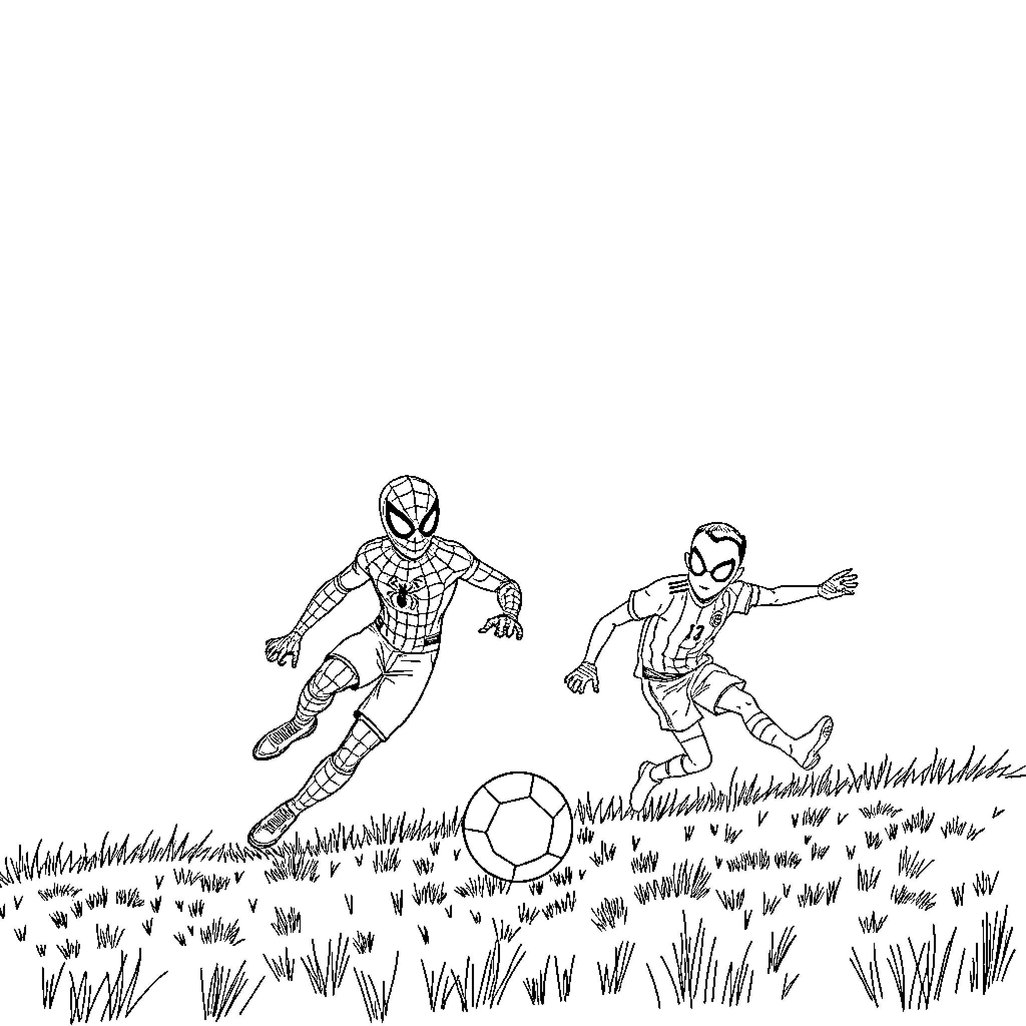 Bluey characters playing football in the meadow Coloring Page (free black-and-white line drawing printable PDF for all, from beginners to advanced learners, including children, teens, adults, and seniors)