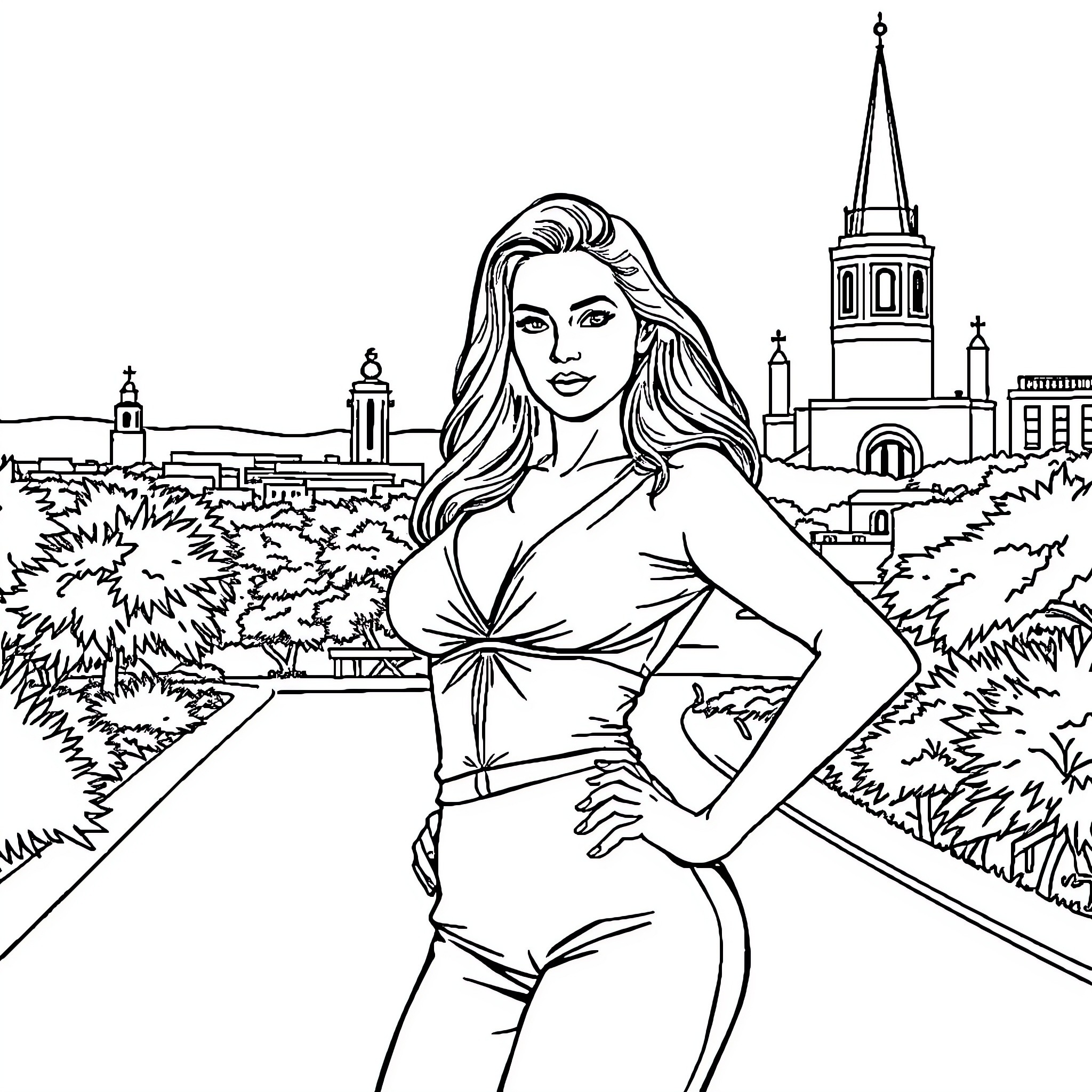 Mujer posando con confianza en la ciudad Coloring Page (free black-and-white line drawing printable PDF for all, from beginners to advanced learners, including children, teens, adults, and seniors)