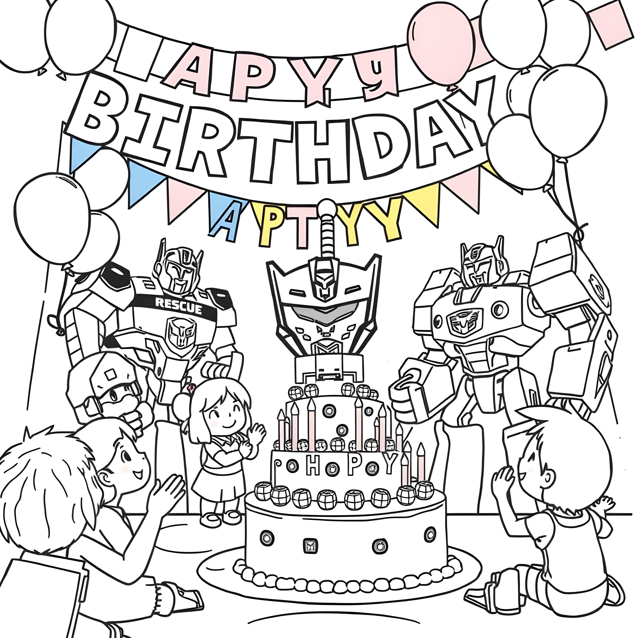 Transformer characters celebrating happy birthday party Coloring Page (free black-and-white line drawing printable PDF for all, from beginners to advanced learners, including children, teens, adults, and seniors)