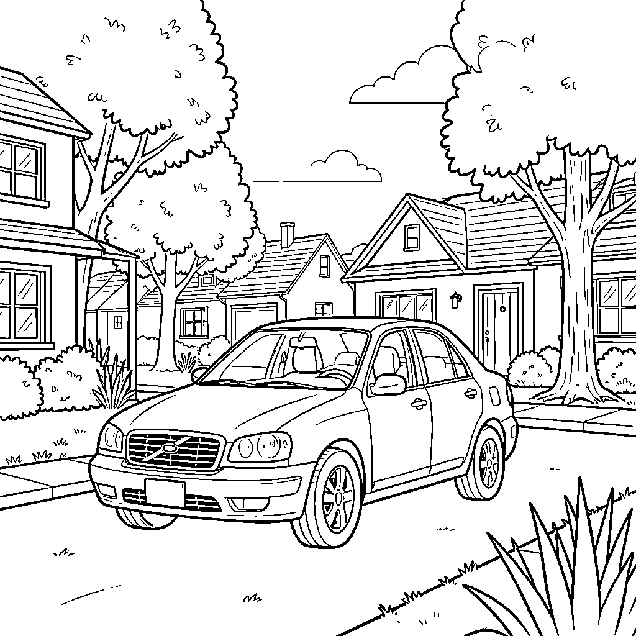 Car parked in a quiet suburban neighborhood Coloring Page (free black-and-white line drawing printable PDF for all, from beginners to advanced learners, including children, teens, adults, and seniors)