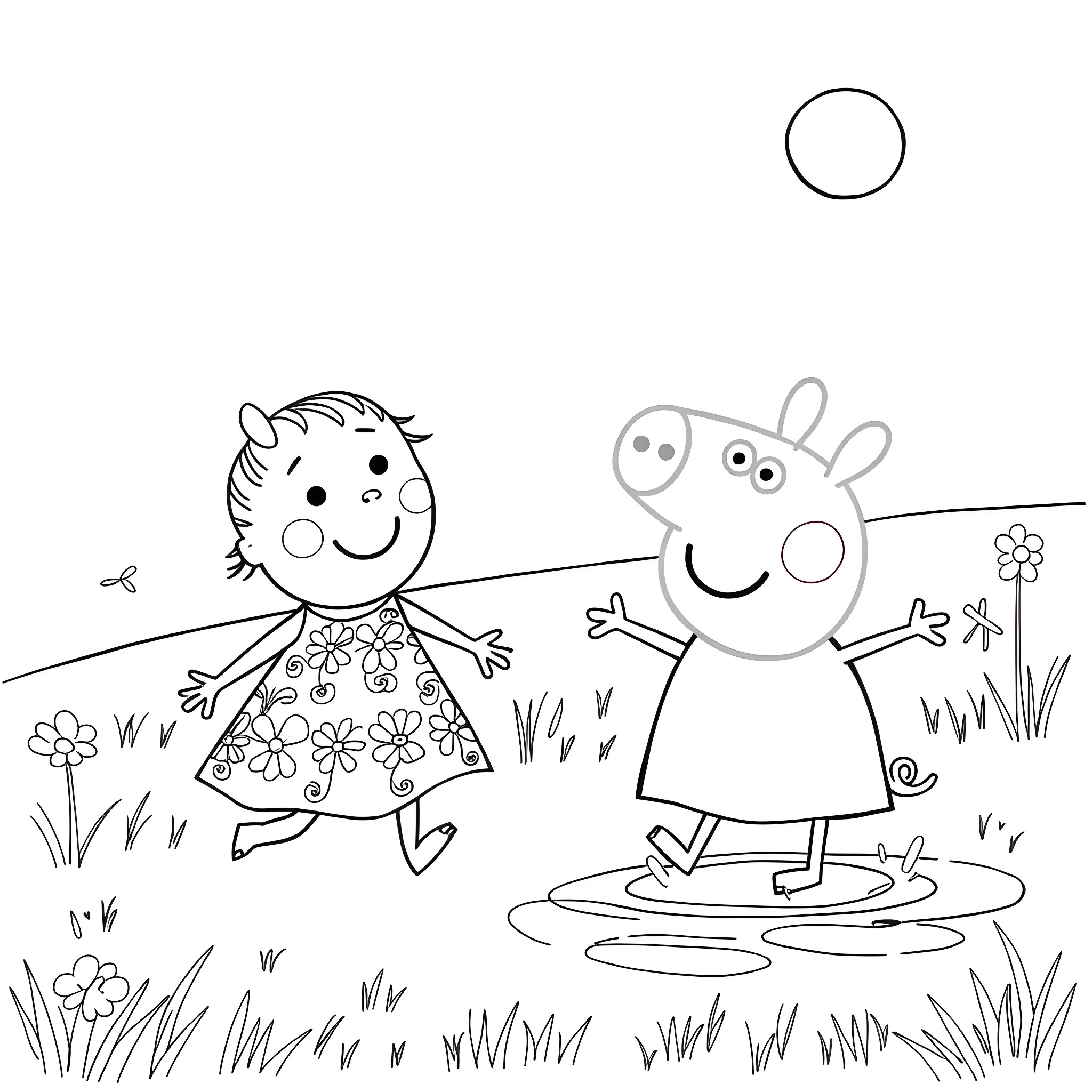 Evie and Peppa playing in the meadow Coloring Page (free black-and-white line drawing printable PDF for all, from beginners to advanced learners, including children, teens, adults, and seniors)