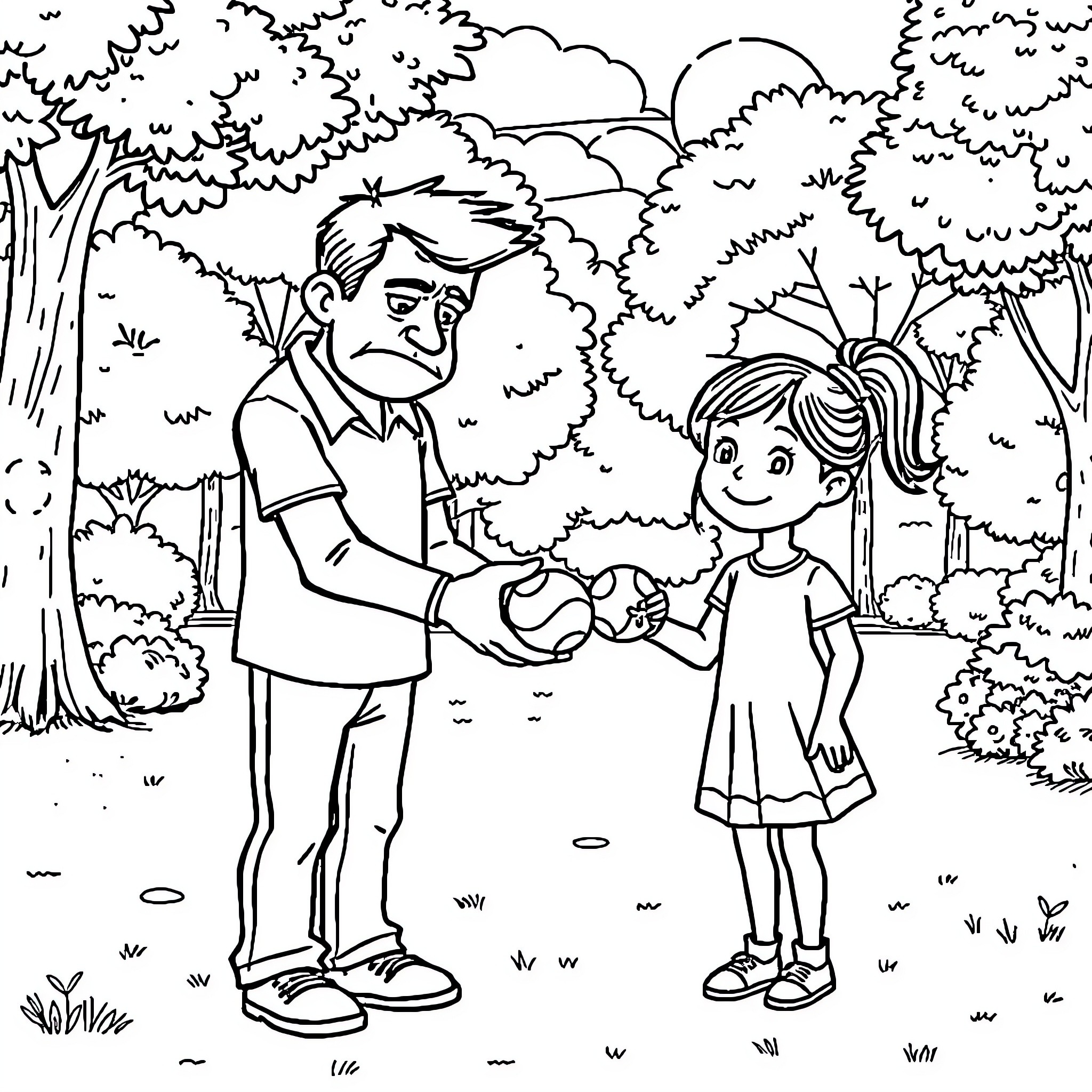 Man consoling sad young girl in nature Coloring Page (free black-and-white line drawing printable PDF for all, from beginners to advanced learners, including children, teens, adults, and seniors)