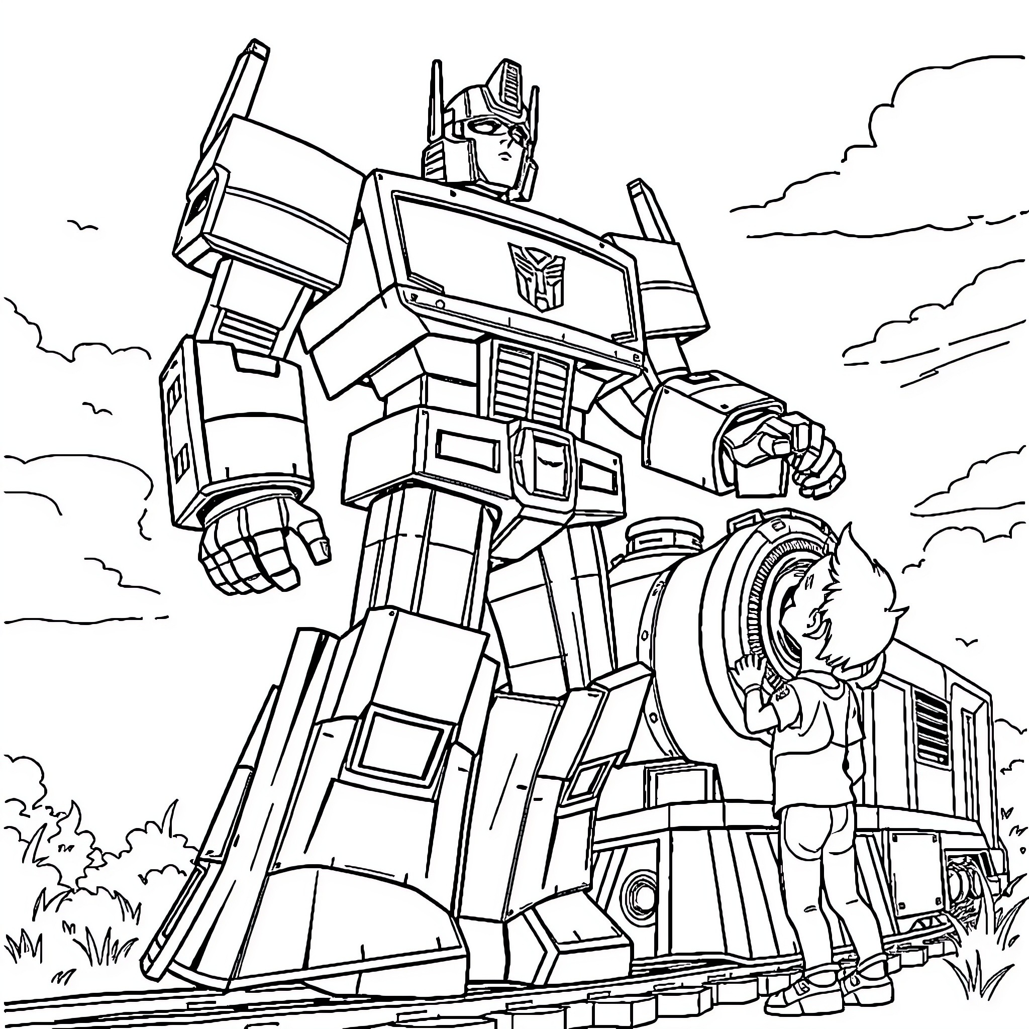 Optimus Prime, the Heroic Autobot Leader, in Action Coloring Page (free black-and-white line drawing printable PDF for all, from beginners to advanced learners, including children, teens, adults, and seniors)