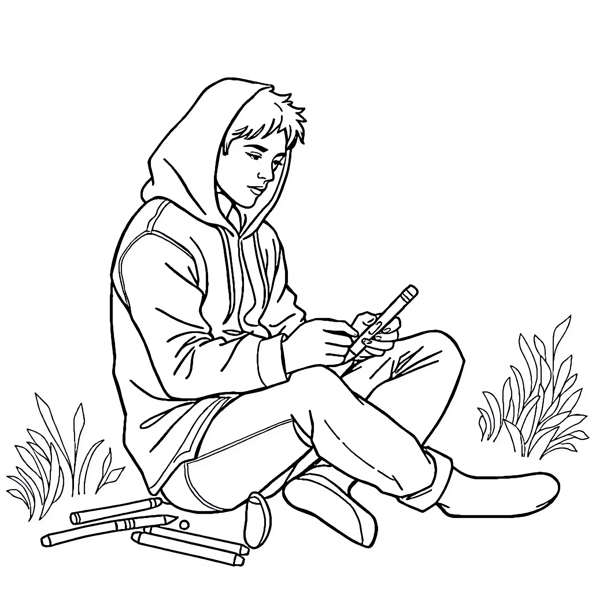 Human drawing with pencils in grassy area Coloring Page (free black-and-white line drawing printable PDF for all, from beginners to advanced learners, including children, teens, adults, and seniors)