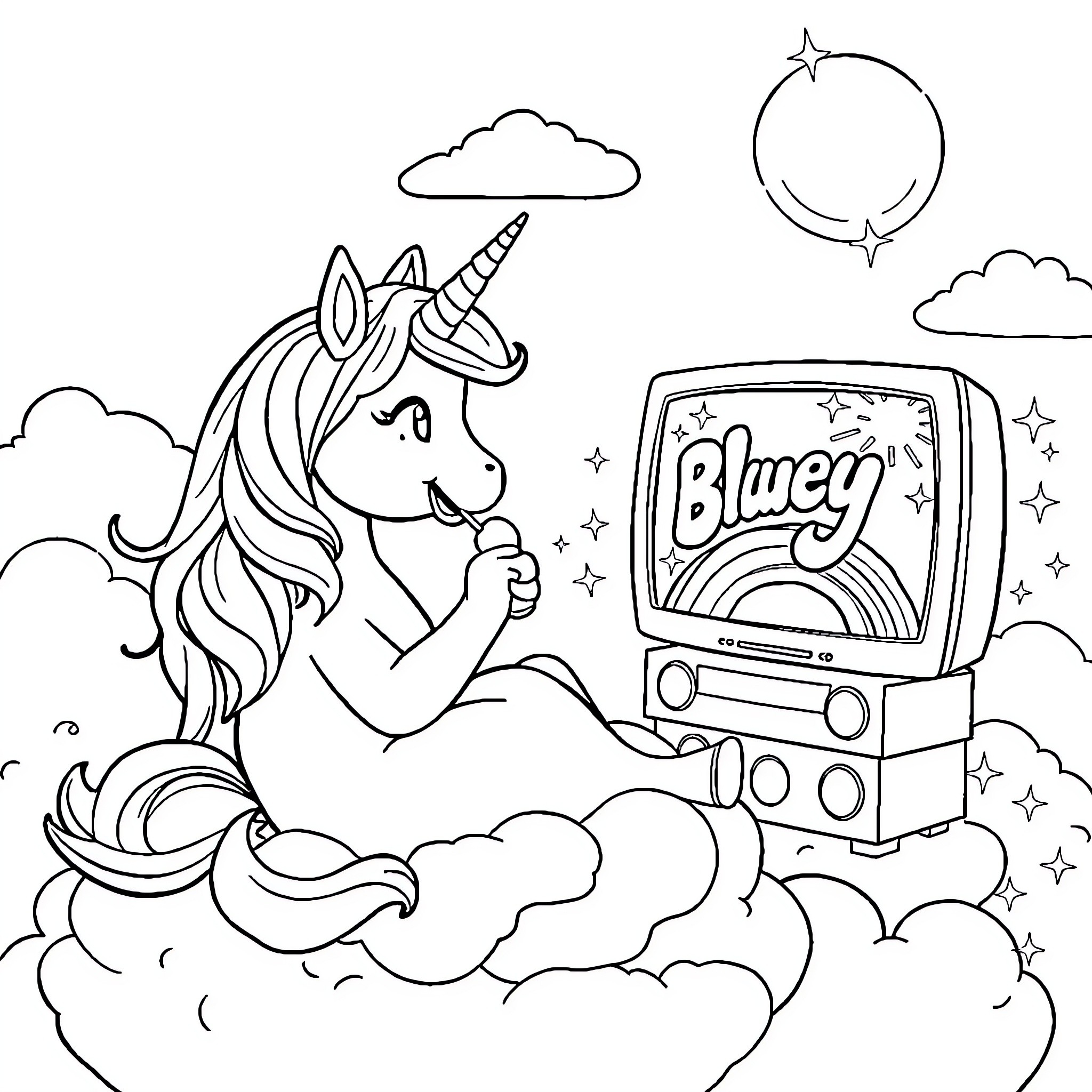 Unicorn lounging on clouds watching television Coloring Page (free black-and-white line drawing printable PDF for all, from beginners to advanced learners, including children, teens, adults, and seniors)
