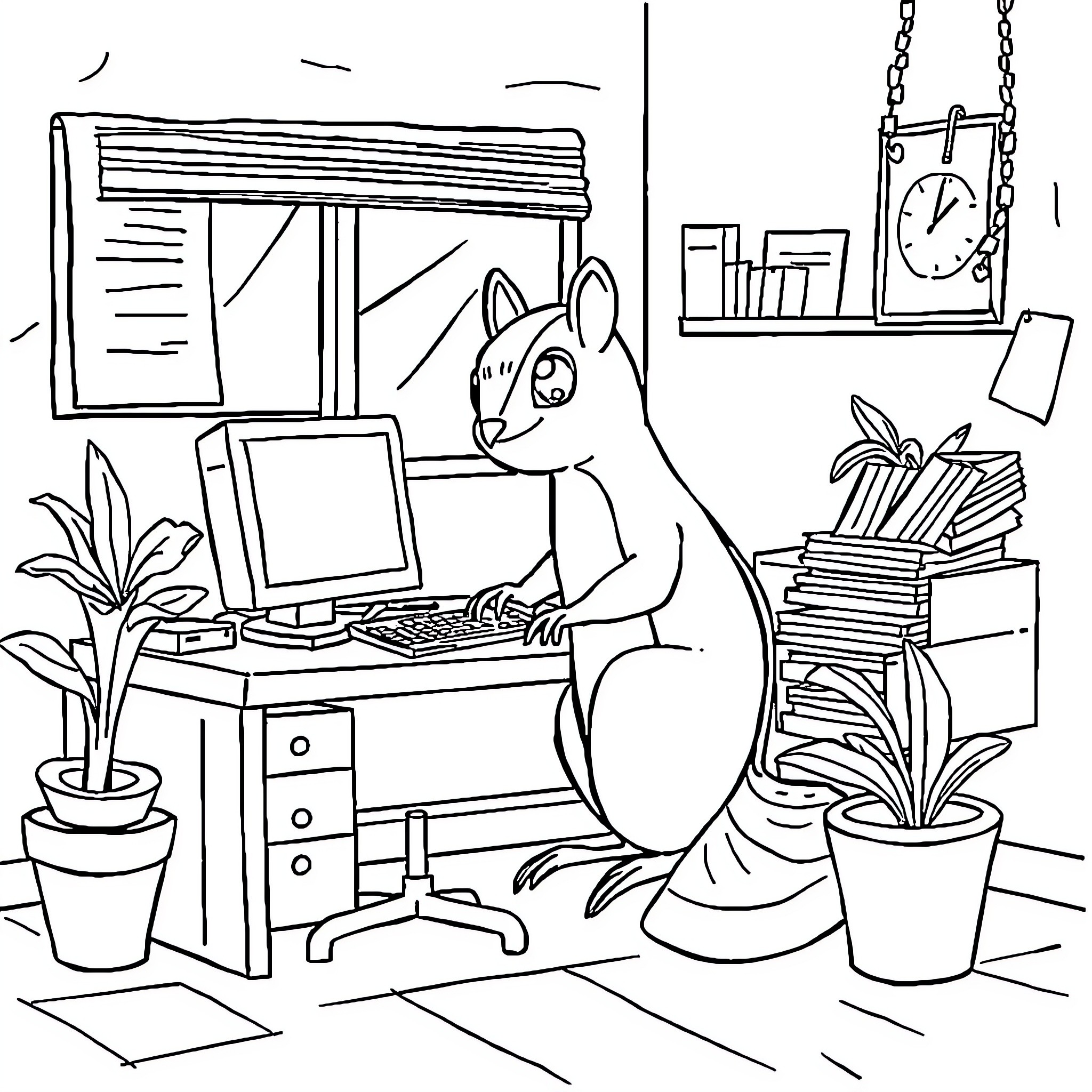 Squirrel Working Diligently at the Computer Coloring Page (free black-and-white line drawing printable PDF for all, from beginners to advanced learners, including children, teens, adults, and seniors)