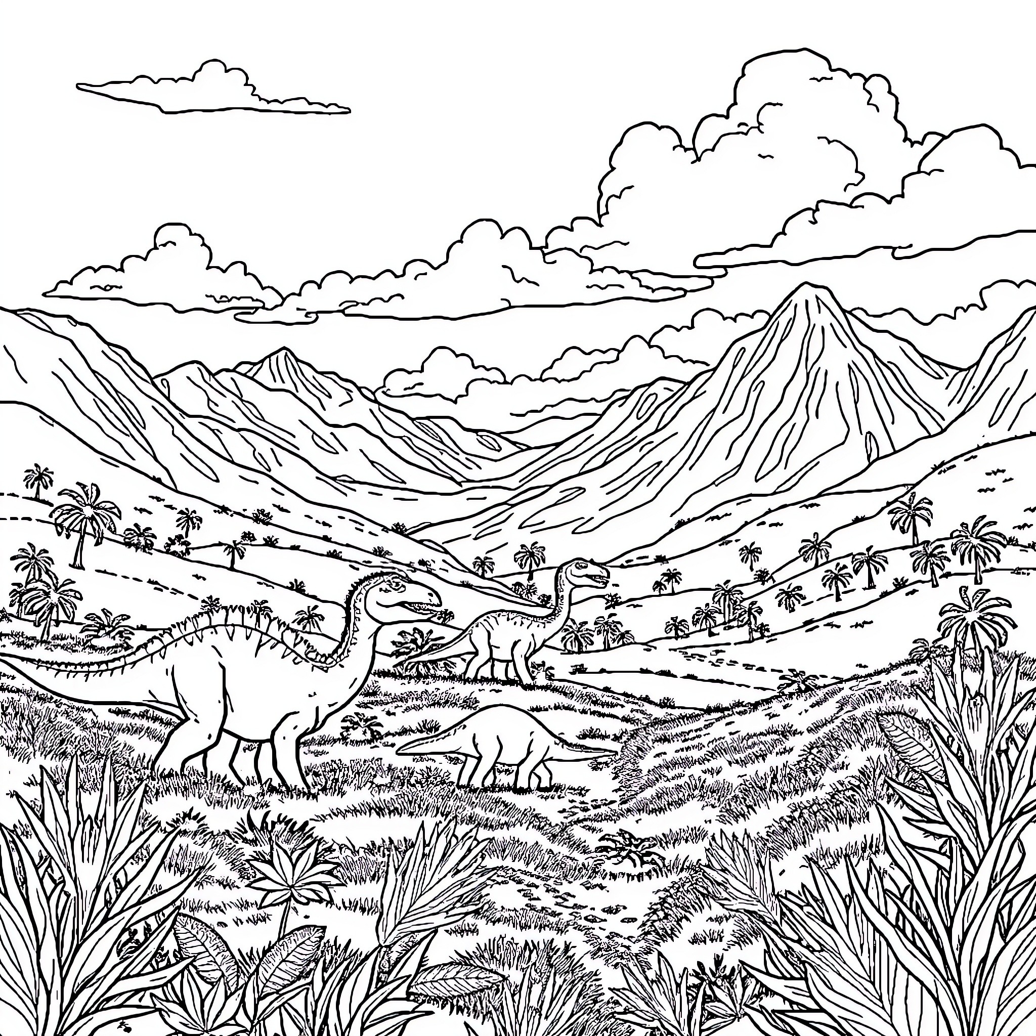 Dinosaurs roaming in prehistoric landscape Coloring Page (free black-and-white line drawing printable PDF for all, from beginners to advanced learners, including children, teens, adults, and seniors)
