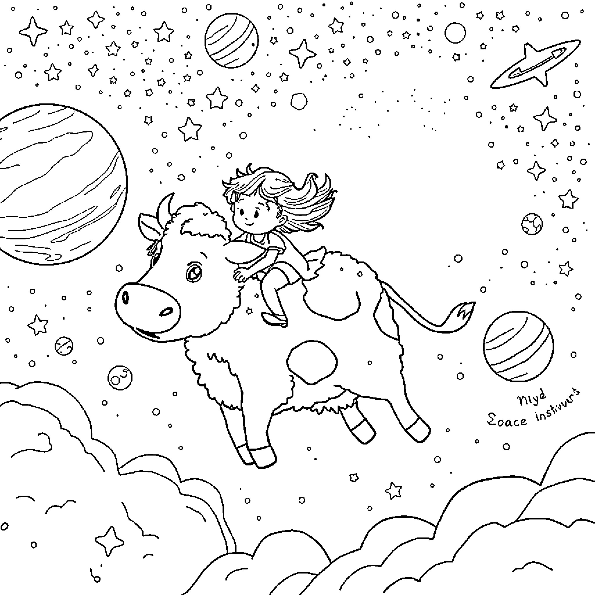Girl riding a cosmic horse through the stars Coloring Page (free black-and-white line drawing printable PDF for all, from beginners to advanced learners, including children, teens, adults, and seniors)