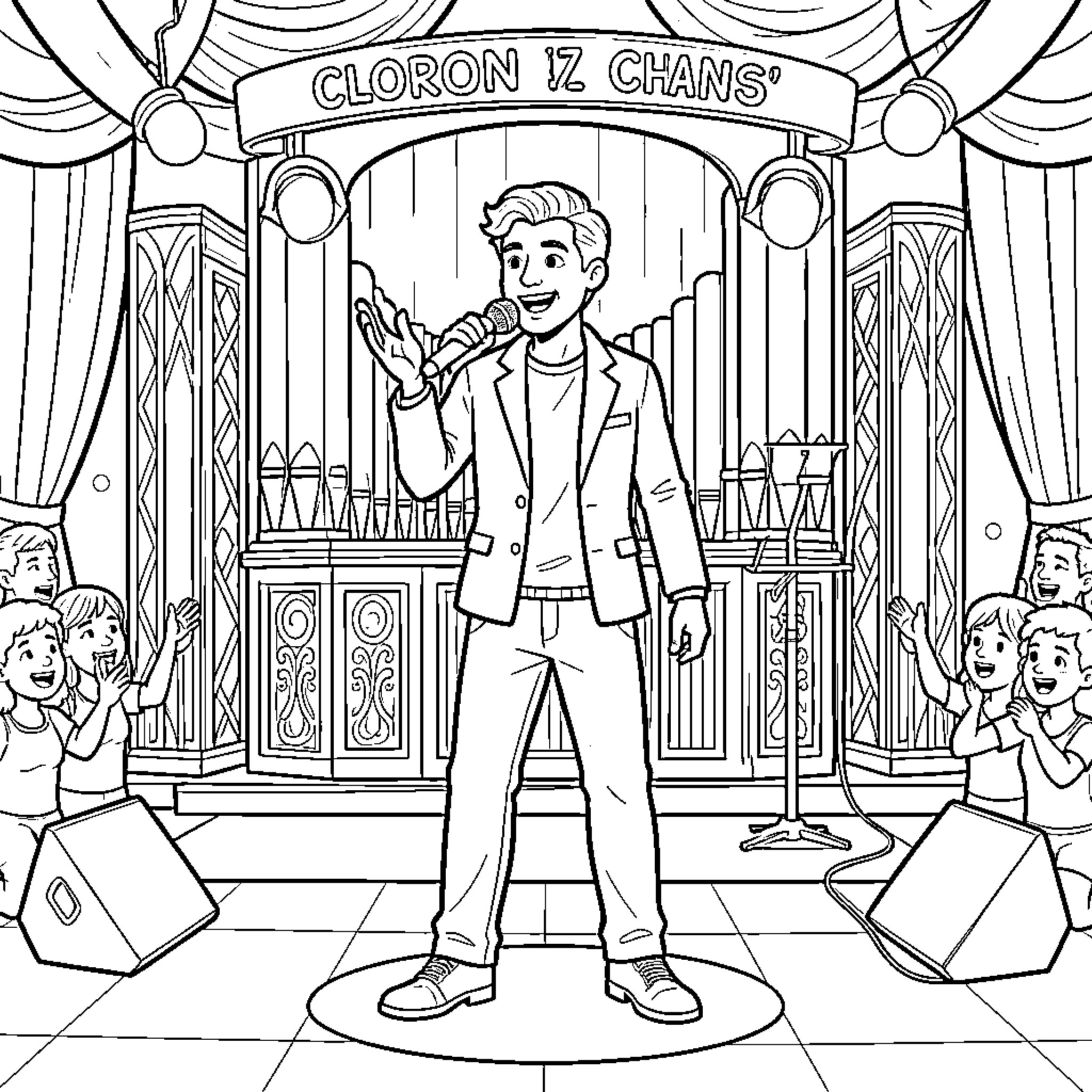 Cantora performing on stage with a microphone for an audience Coloring Page (free black-and-white line drawing printable PDF for all, from beginners to advanced learners, including children, teens, adults, and seniors)