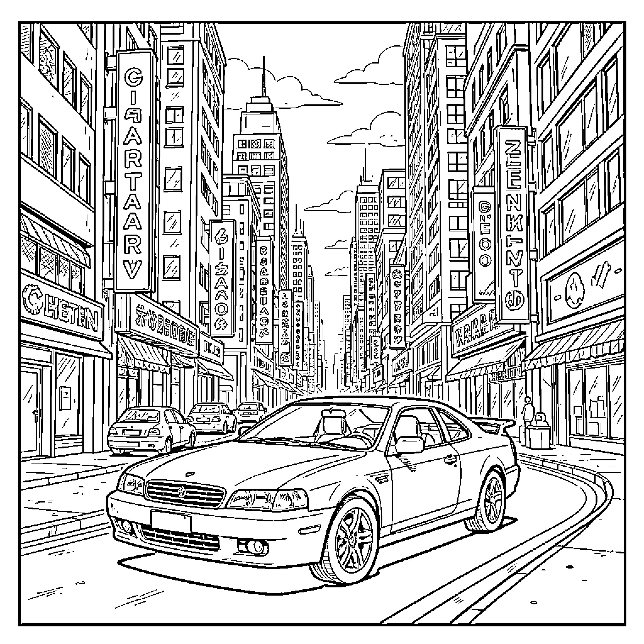Car driving through a busy city street Coloring Page (free black-and-white line drawing printable PDF for all, from beginners to advanced learners, including children, teens, adults, and seniors)