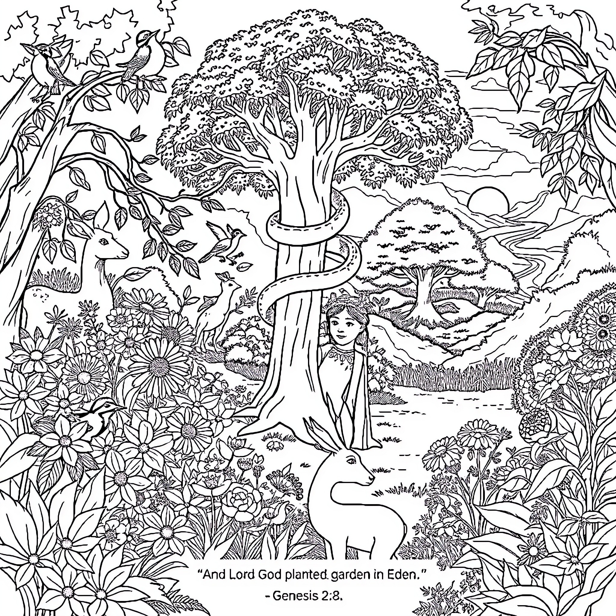 Adam and Eve in the Garden of Eden Coloring Page (free black-and-white line drawing printable PDF for all, from beginners to advanced learners, including children, teens, adults, and seniors)
