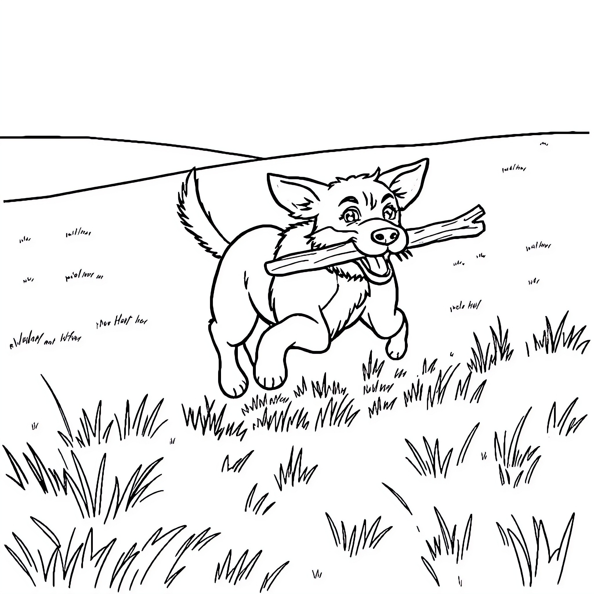 Dog playing fetch joyfully in the outdoors Coloring Page (free black-and-white line drawing printable PDF for all, from beginners to advanced learners, including children, teens, adults, and seniors)