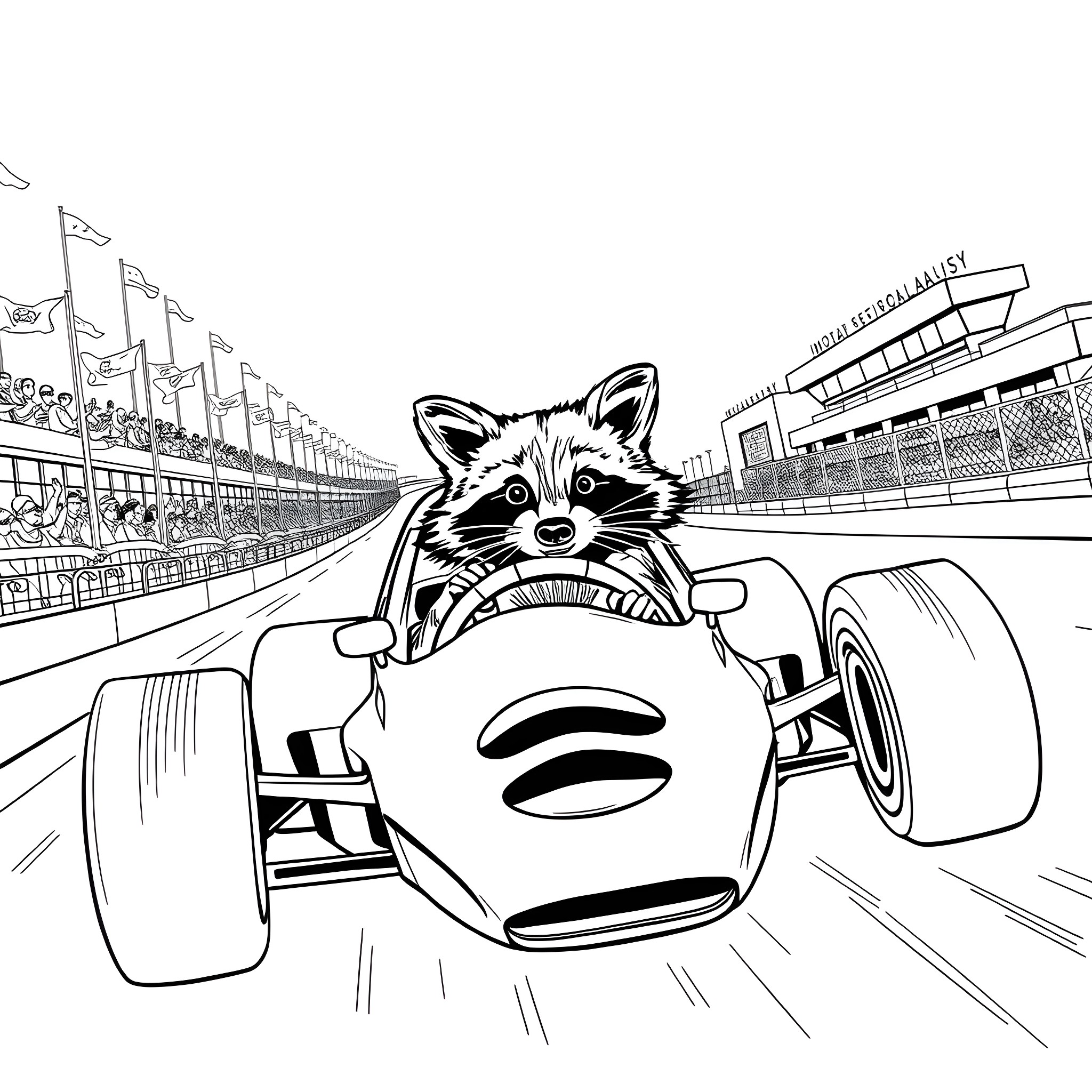 Raccoon racing in a high-speed formula car Coloring Page (free black-and-white line drawing printable PDF for all, from beginners to advanced learners, including children, teens, adults, and seniors)