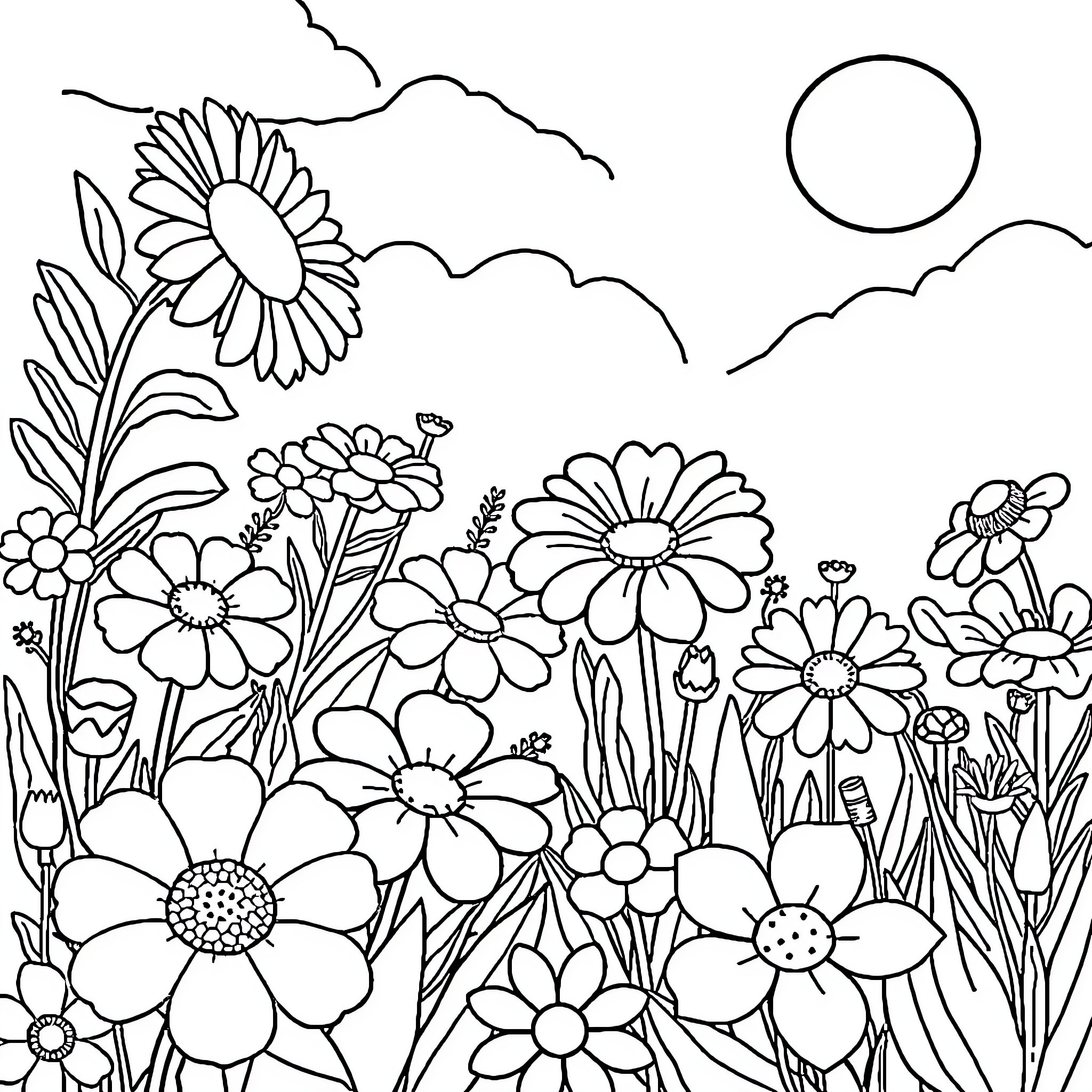 Flower garden with blooming flowers under the sky Coloring Page (free black-and-white line drawing printable PDF for all, from beginners to advanced learners, including children, teens, adults, and seniors)