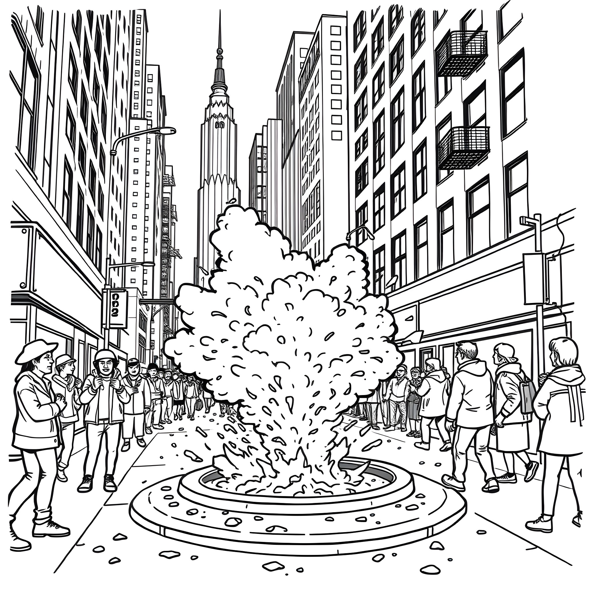 Explosion on a crowded city street with skyscrapers Coloring Page (free black-and-white line drawing printable PDF for all, from beginners to advanced learners, including children, teens, adults, and seniors)