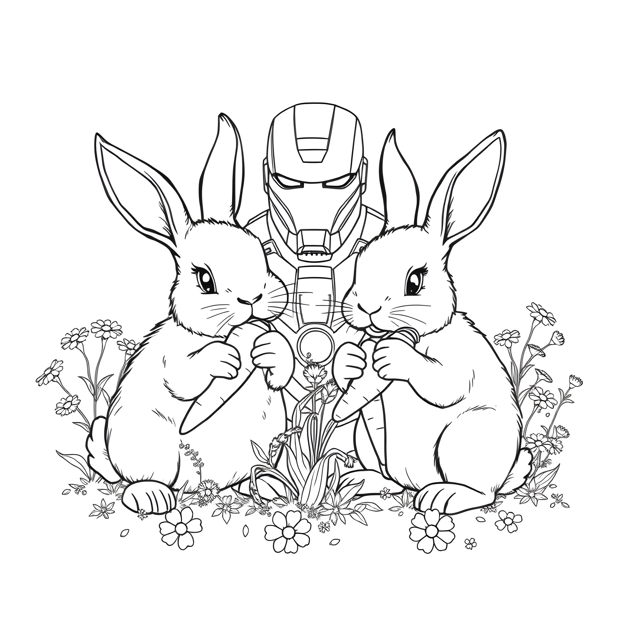 Rabbit superheroes in a floral meadow Coloring Page (free black-and-white line drawing printable PDF for all, from beginners to advanced learners, including children, teens, adults, and seniors)