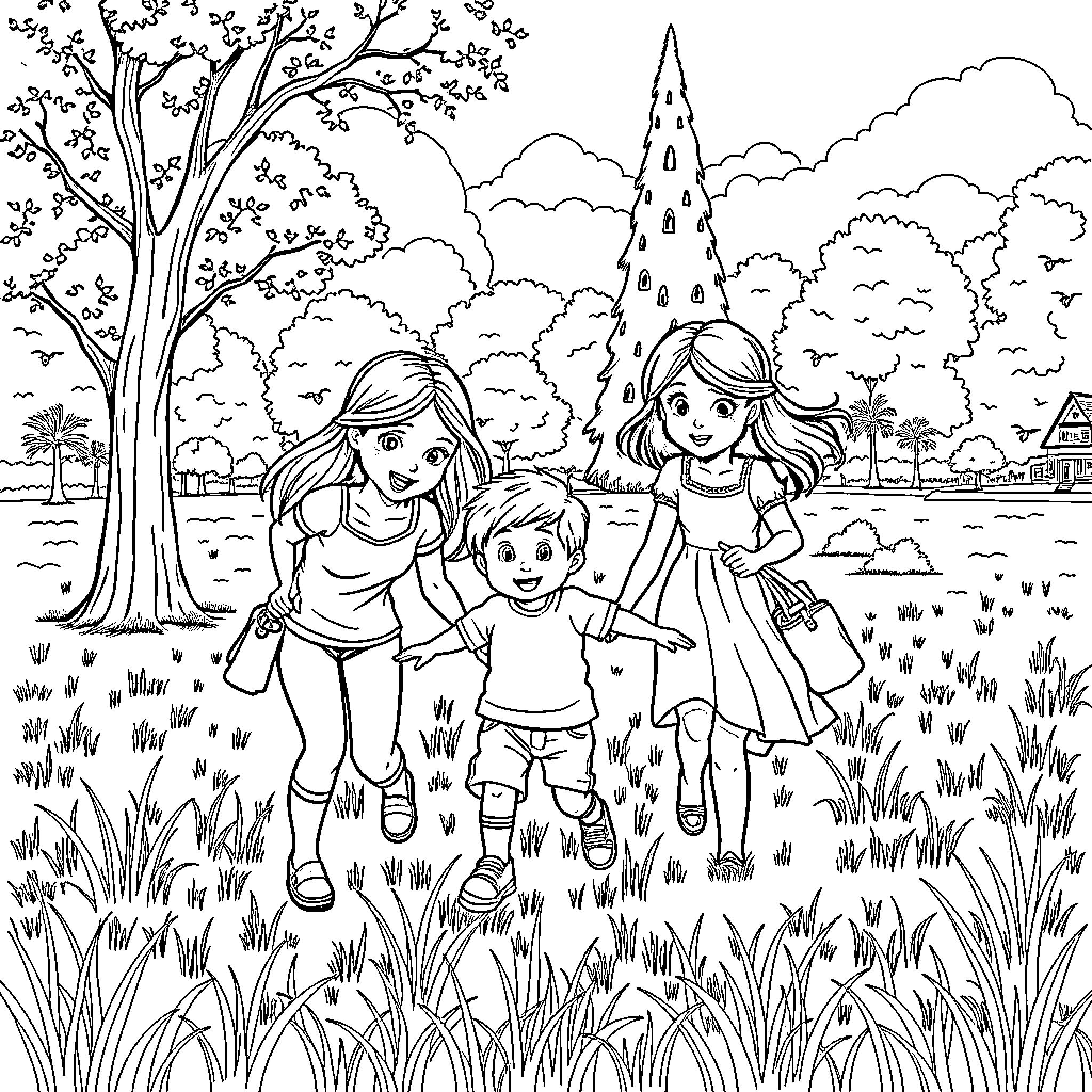 Girls enjoying outdoor adventure in rural landscape Coloring Page (free black-and-white line drawing printable PDF for all, from beginners to advanced learners, including children, teens, adults, and seniors)
