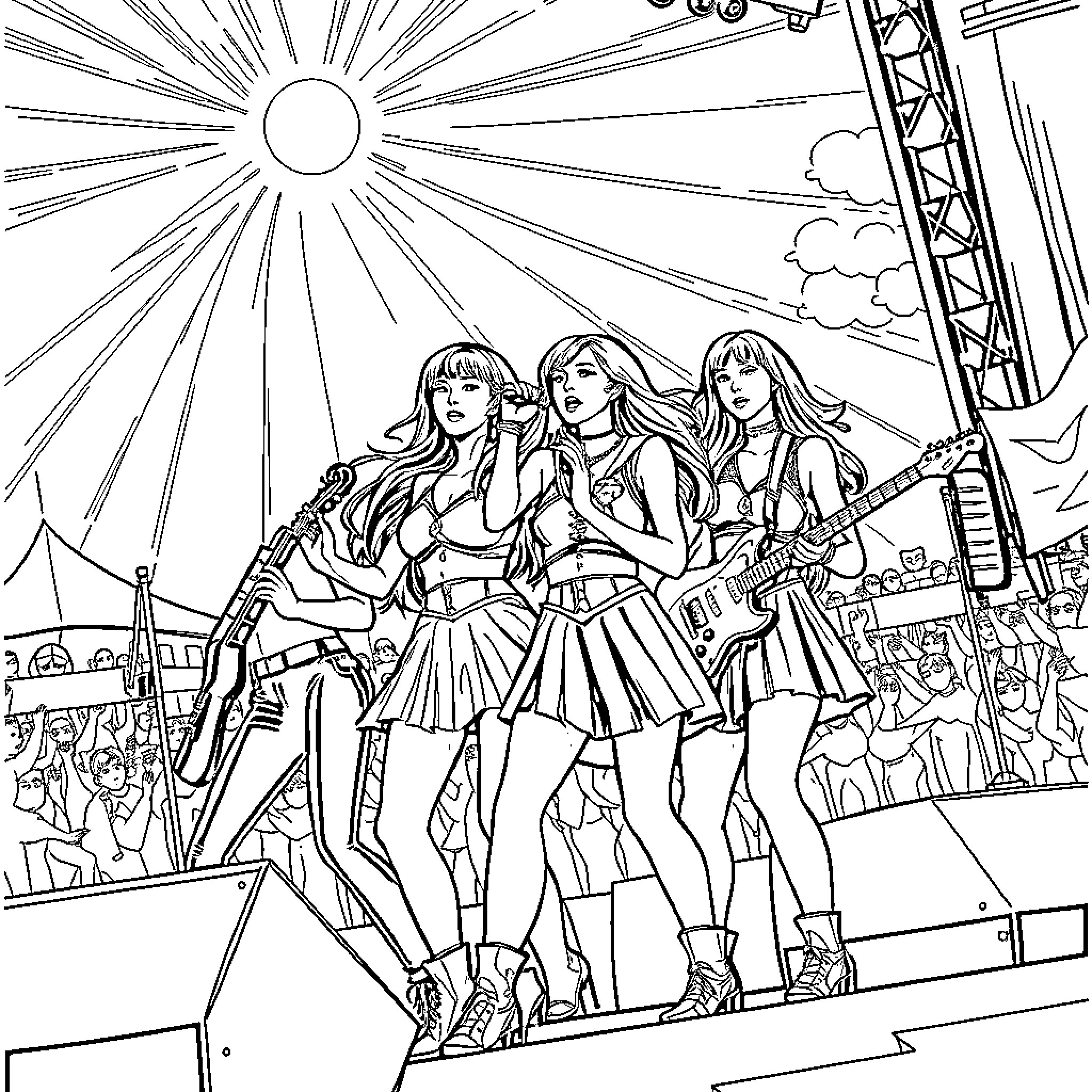K-Pop Warriors Performing on Stage with Passion Coloring Page (free black-and-white line drawing printable PDF for all, from beginners to advanced learners, including children, teens, adults, and seniors)