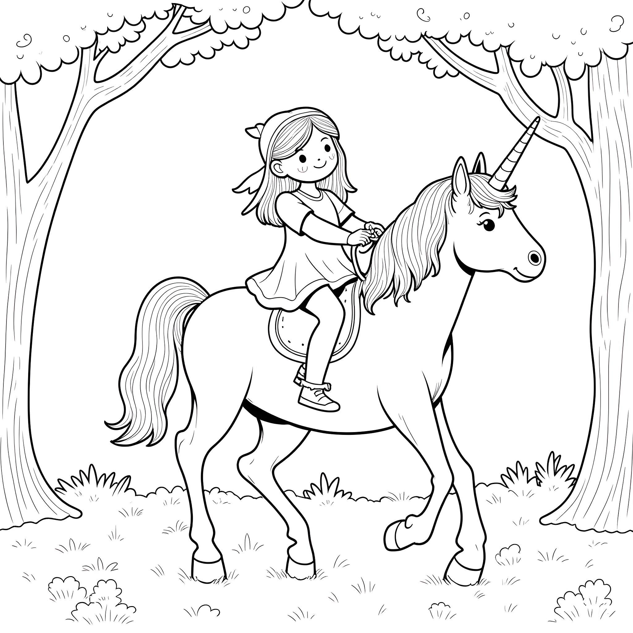 Wednesday Adams riding a unicorn in the forest Coloring Page (free black-and-white line drawing printable PDF for all, from beginners to advanced learners, including children, teens, adults, and seniors)