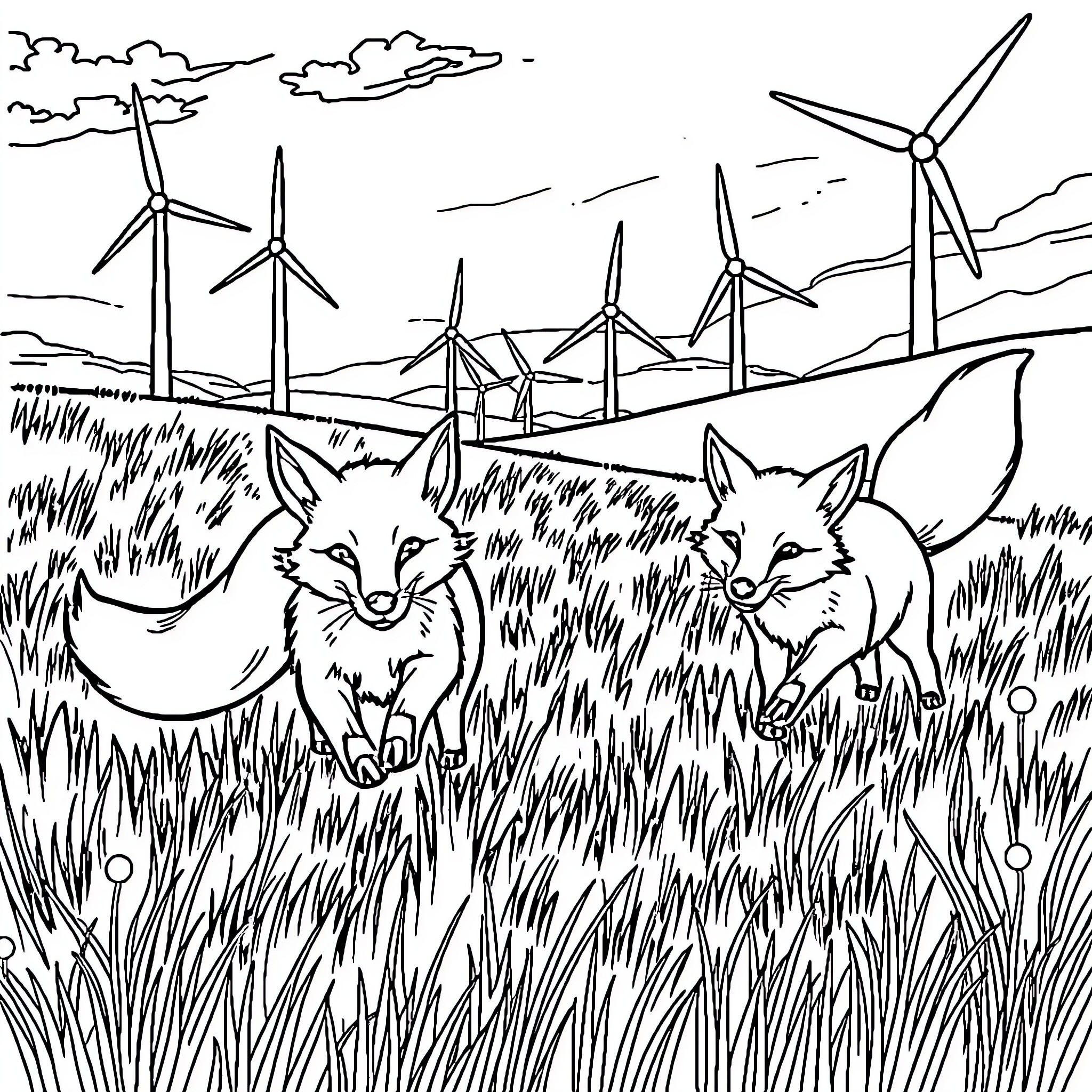 Fox Duo Exploring Windy Grassland with Turbines Coloring Page (free black-and-white line drawing printable PDF for all, from beginners to advanced learners, including children, teens, adults, and seniors)