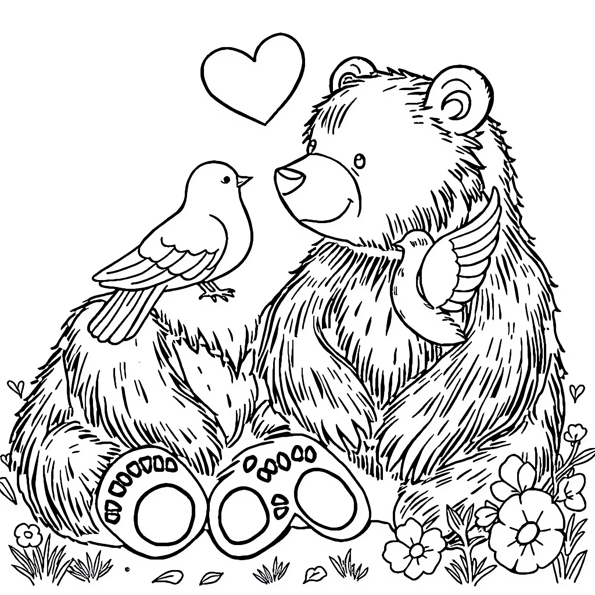 Bear embracing a bird with heart symbol Coloring Page (free black-and-white line drawing printable PDF for all, from beginners to advanced learners, including children, teens, adults, and seniors)