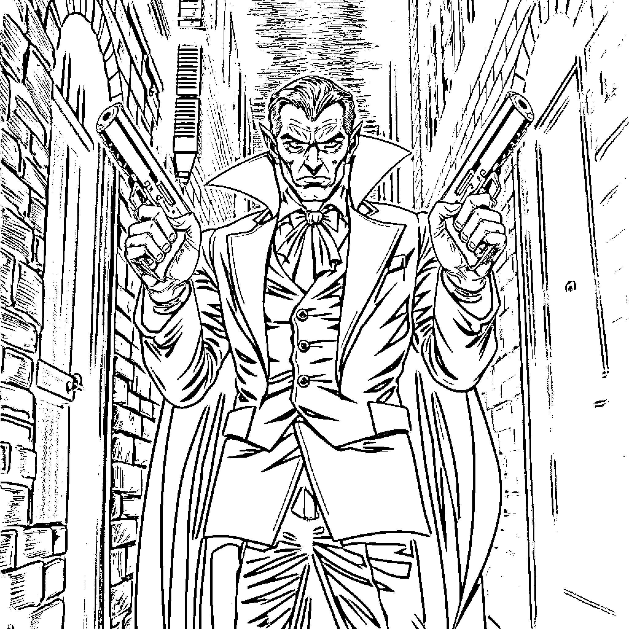 Dracula: Menacing Vampire in Dark Alleyway Coloring Page (free black-and-white line drawing printable PDF for all, from beginners to advanced learners, including children, teens, adults, and seniors)