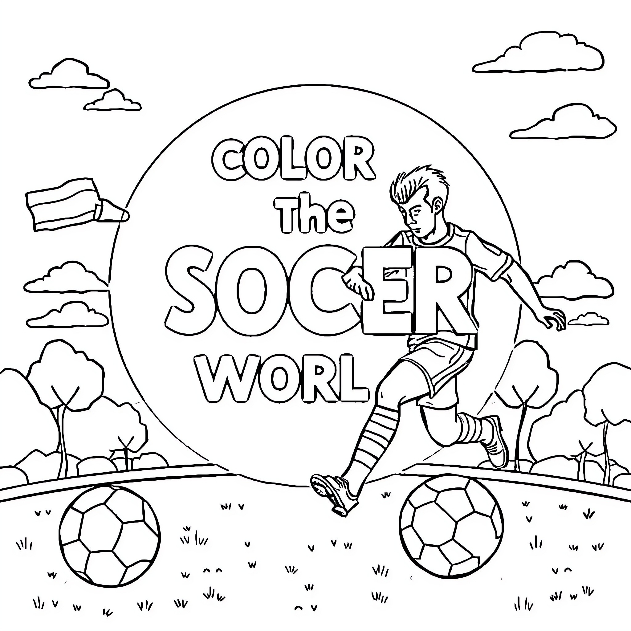 Soccer player running on the field Coloring Page (free black-and-white line drawing printable PDF for all, from beginners to advanced learners, including children, teens, adults, and seniors)