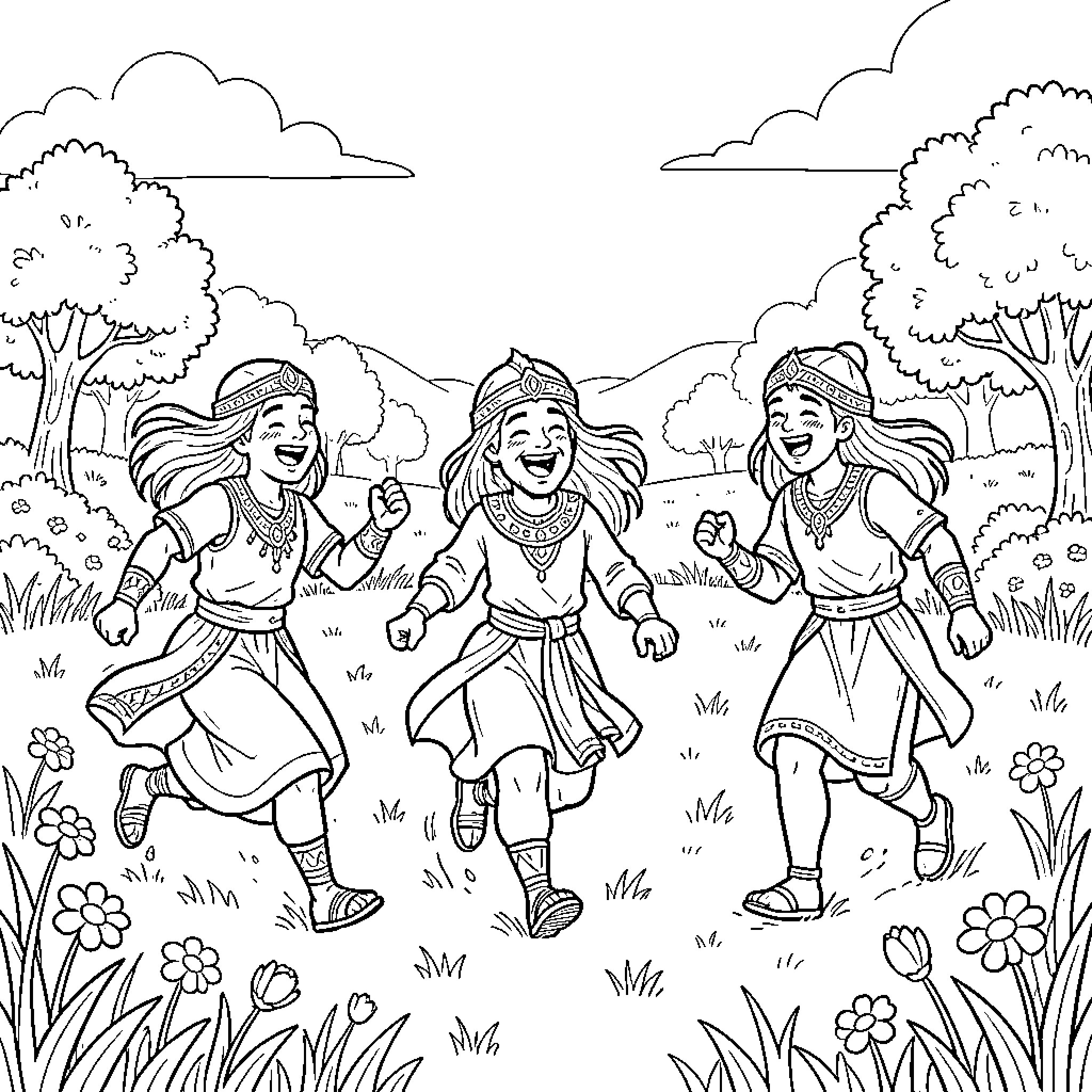 Chaldean children running and laughing in a field Coloring Page (free black-and-white line drawing printable PDF for all, from beginners to advanced learners, including children, teens, adults, and seniors)