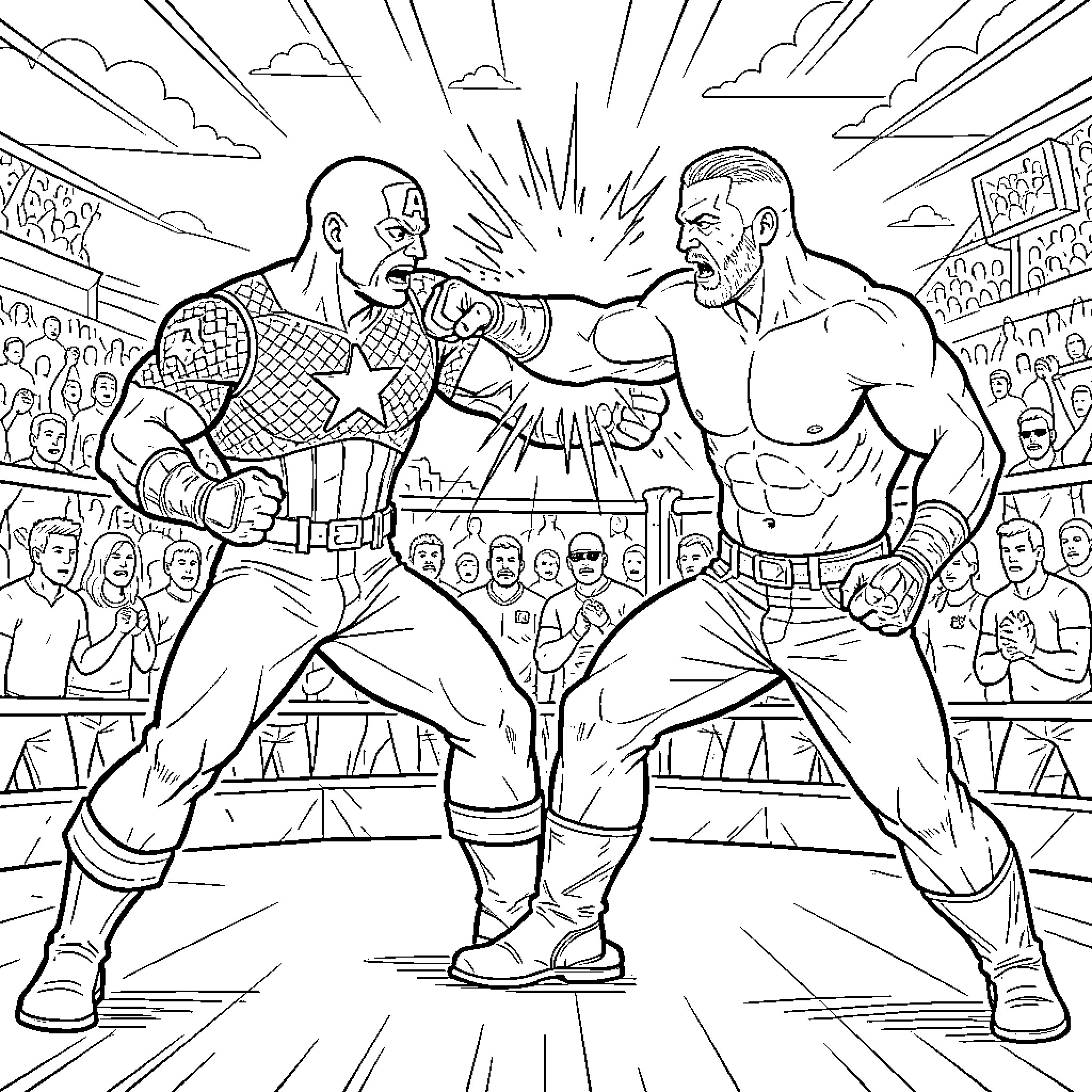 Captain America Battles Adversary in Epic Confrontation Coloring Page (free black-and-white line drawing printable PDF for all, from beginners to advanced learners, including children, teens, adults, and seniors)
