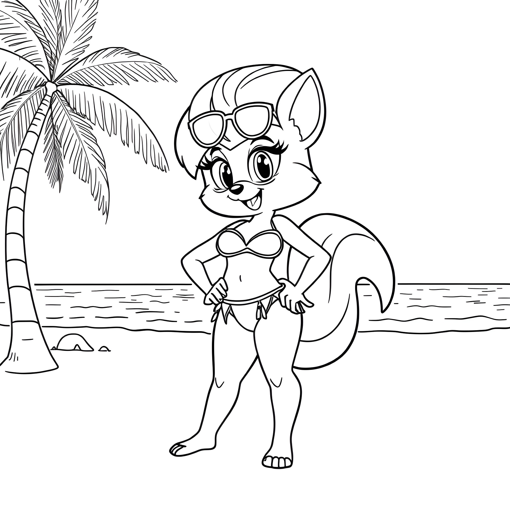 Sally Acorn enjoying a beach vacation Coloring Page (free black-and-white line drawing printable PDF for all, from beginners to advanced learners, including children, teens, adults, and seniors)
