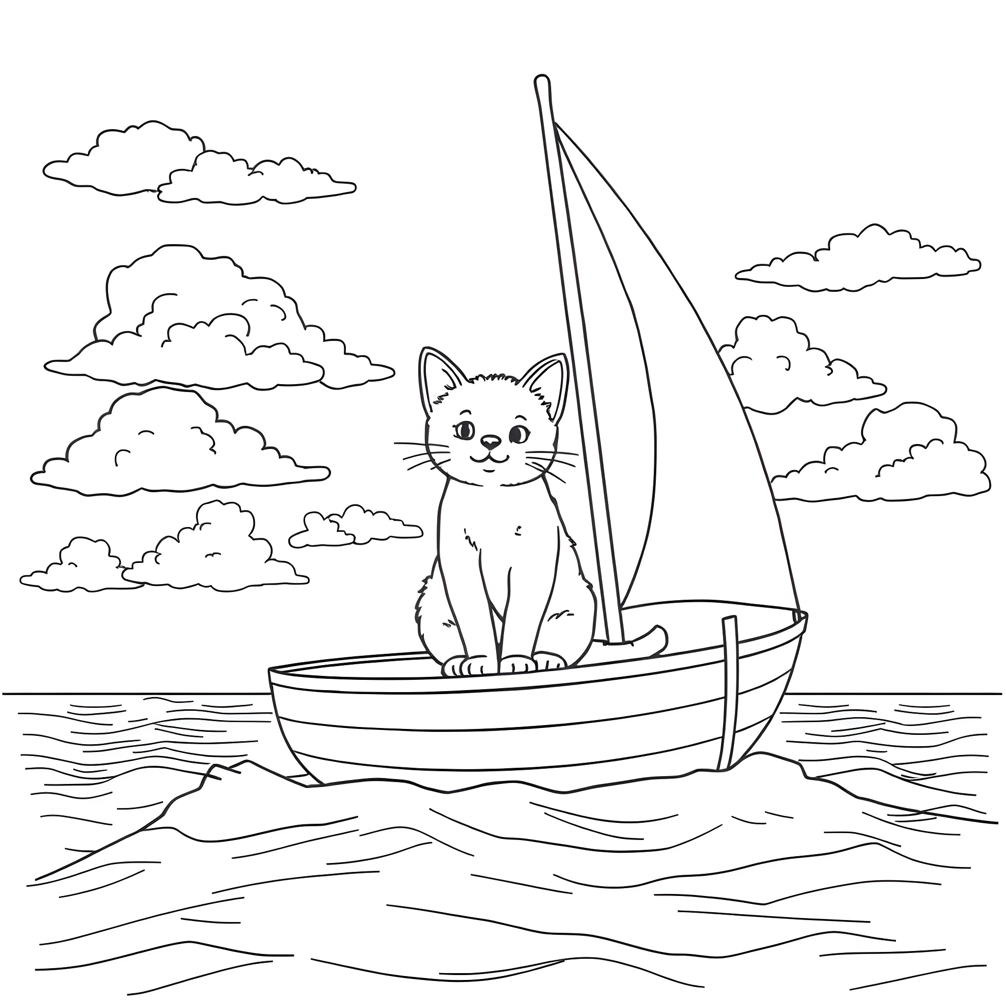 Kitty sailing on a boat in the sky Coloring Page (free black-and-white line drawing printable PDF for all, from beginners to advanced learners, including children, teens, adults, and seniors)