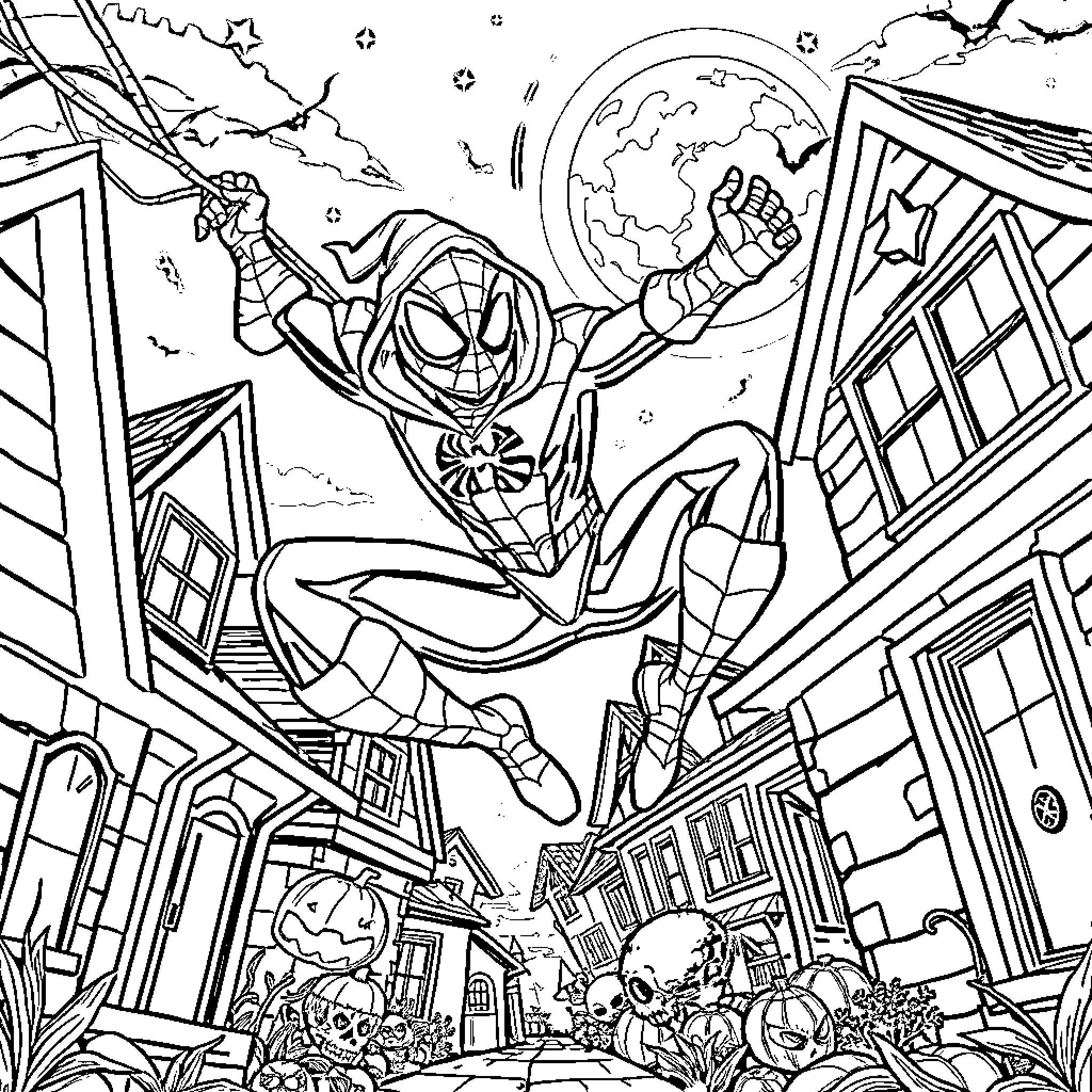 Spiderman swinging through the city at night Coloring Page (free black-and-white line drawing printable PDF for all, from beginners to advanced learners, including children, teens, adults, and seniors)