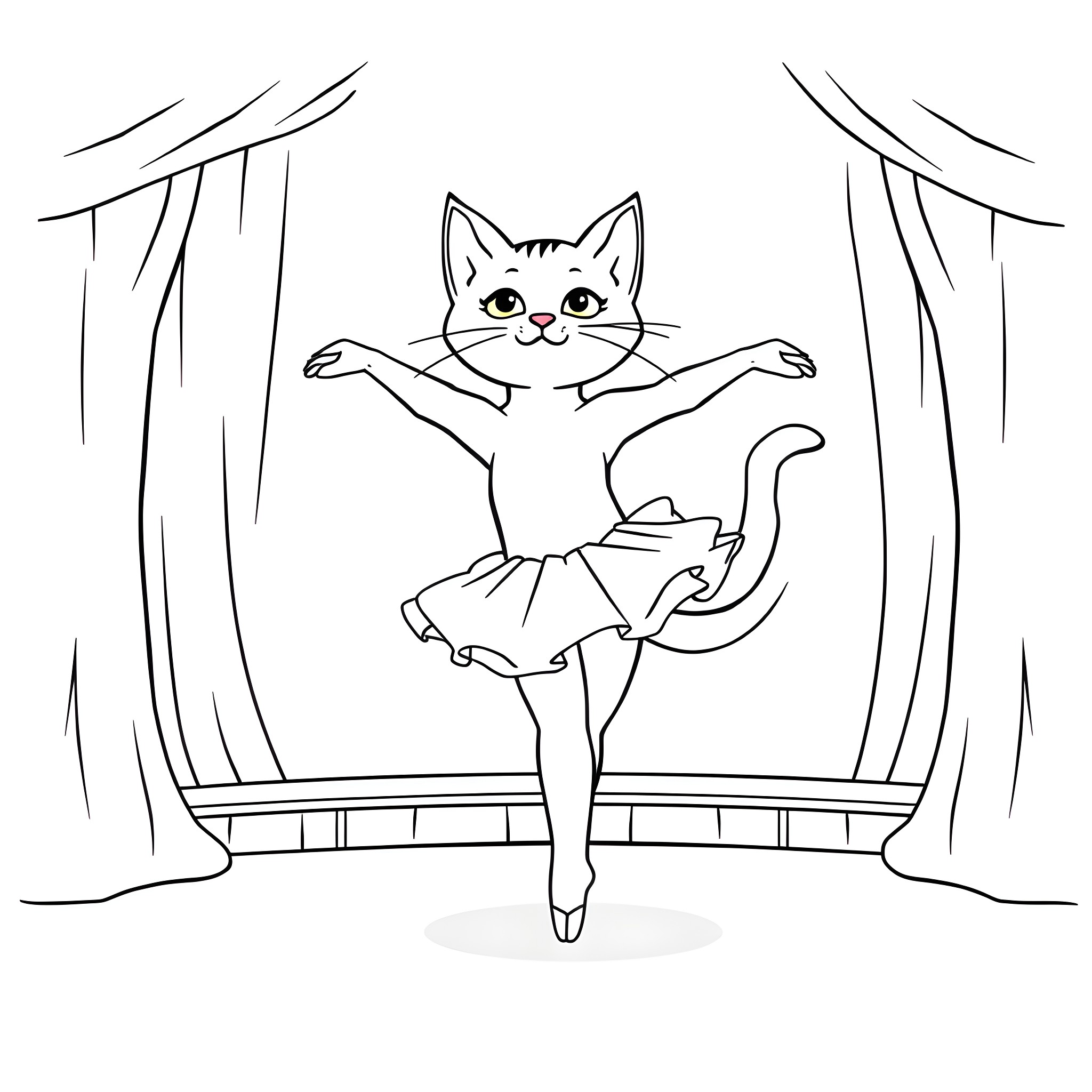 Ballerina Cat Performing on Stage Coloring Page (free black-and-white line drawing printable PDF for all, from beginners to advanced learners, including children, teens, adults, and seniors)