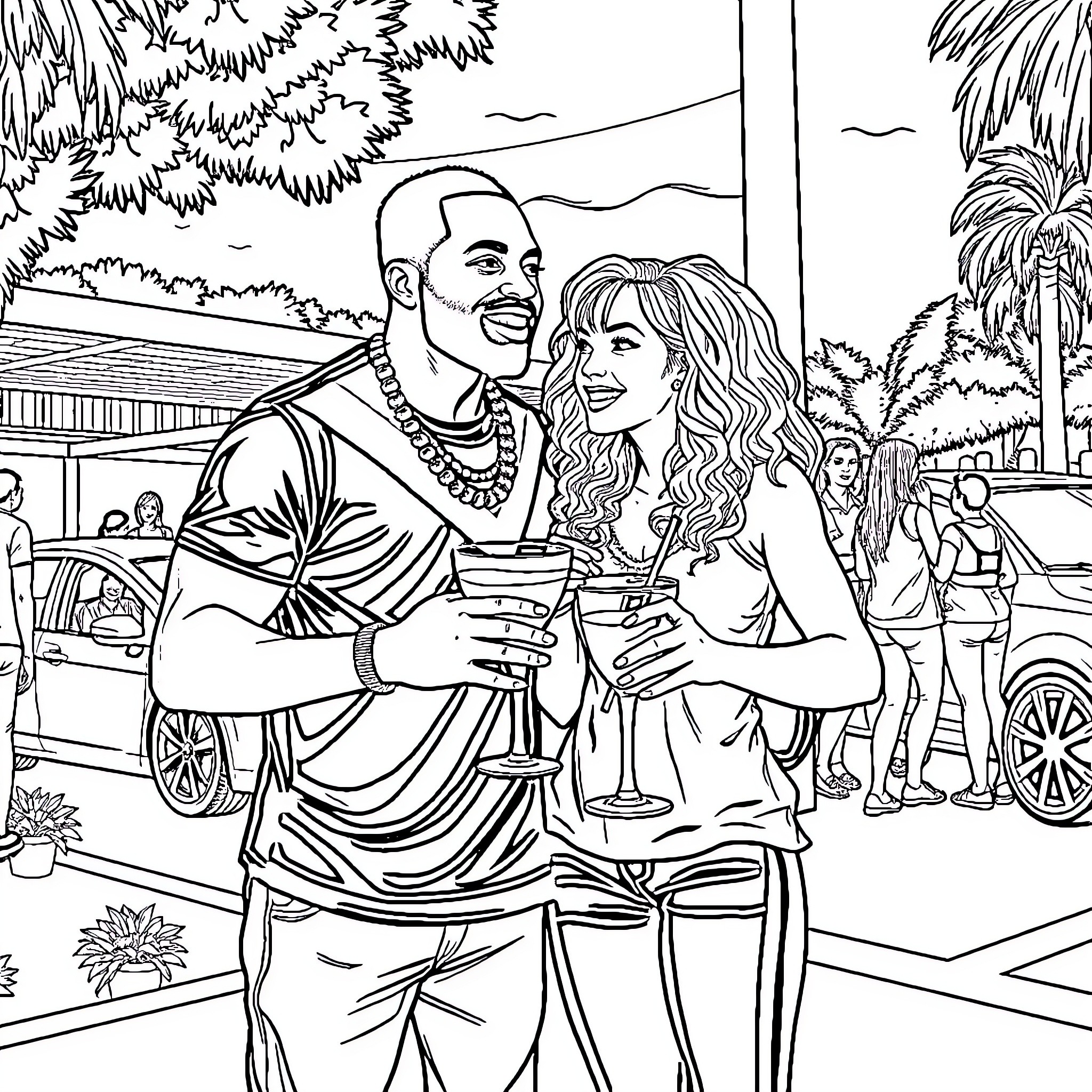 Party scene with smiling people enjoying drinks Coloring Page (free black-and-white line drawing printable PDF for all, from beginners to advanced learners, including children, teens, adults, and seniors)