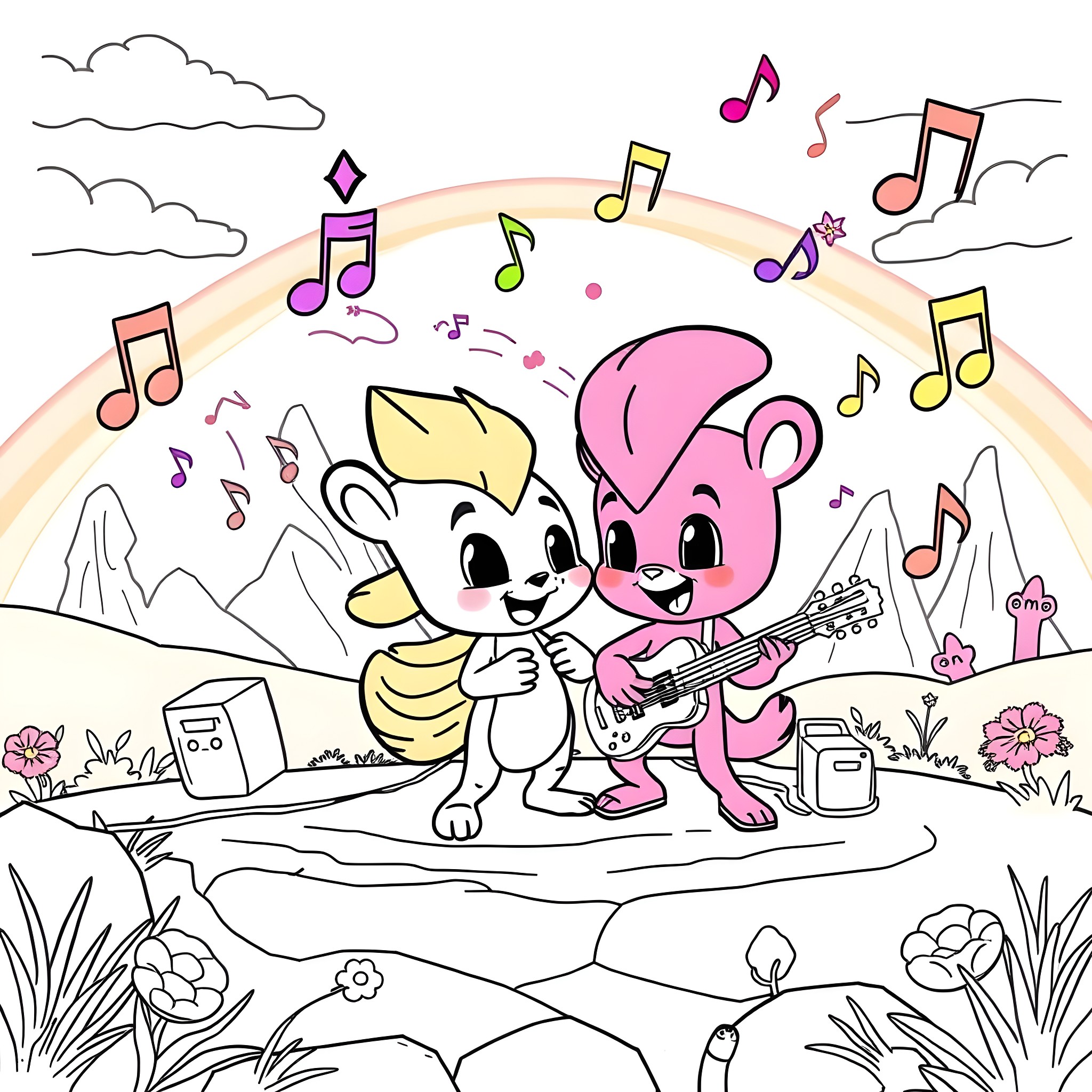 Sprunki characters playing music in the countryside Coloring Page (free black-and-white line drawing printable PDF for all, from beginners to advanced learners, including children, teens, adults, and seniors)