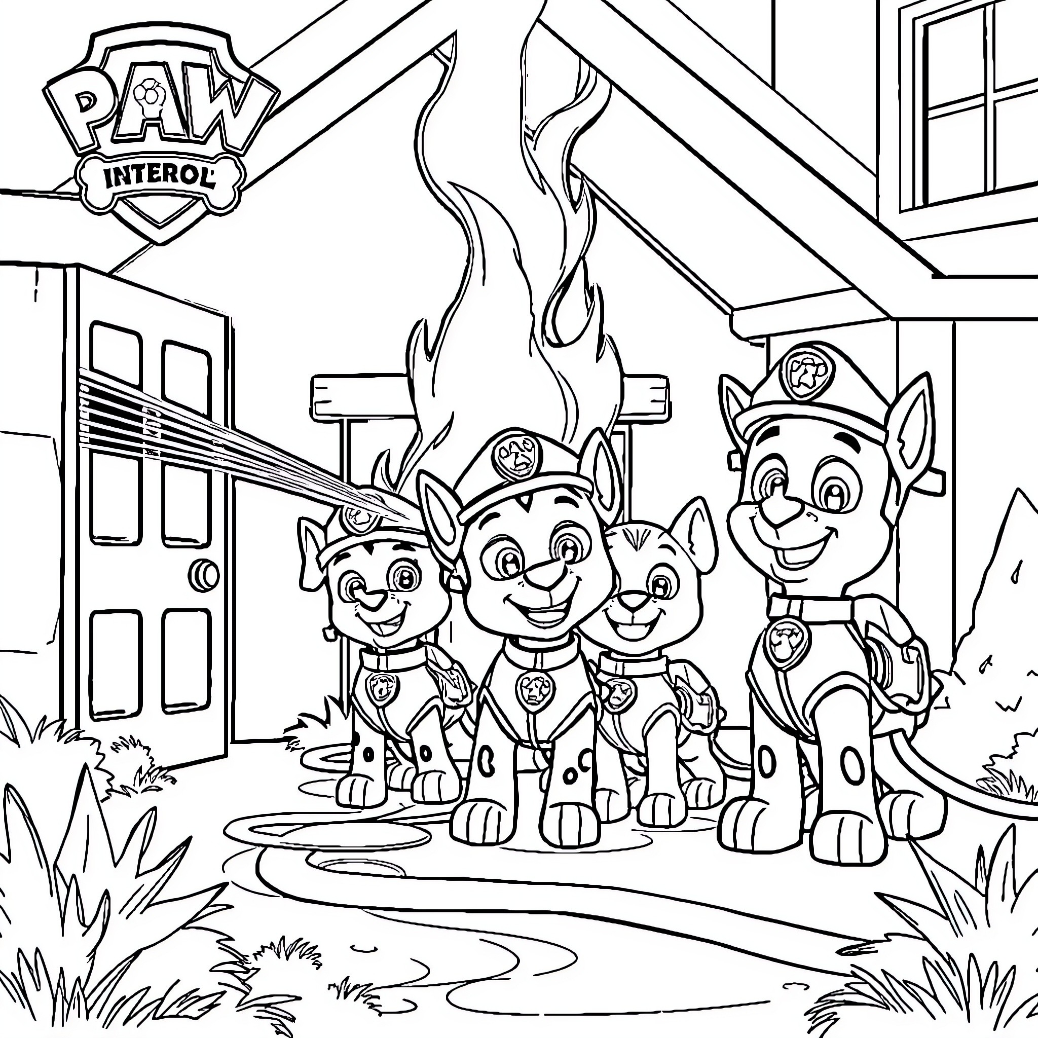 Paw Patrol team members in action poses Coloring Page (free black-and-white line drawing printable PDF for all, from beginners to advanced learners, including children, teens, adults, and seniors)