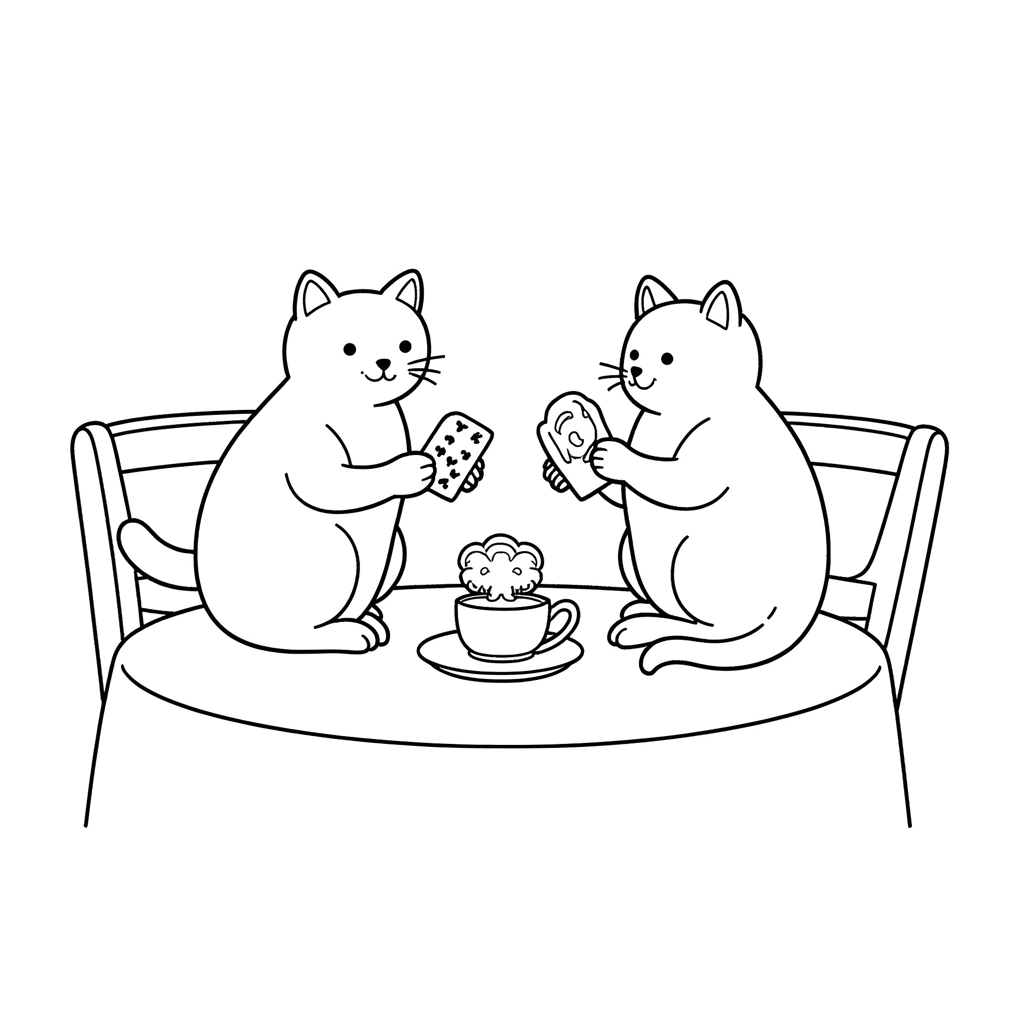 Cats playing with toys on a table Coloring Page (free black-and-white line drawing printable PDF for all, from beginners to advanced learners, including children, teens, adults, and seniors)