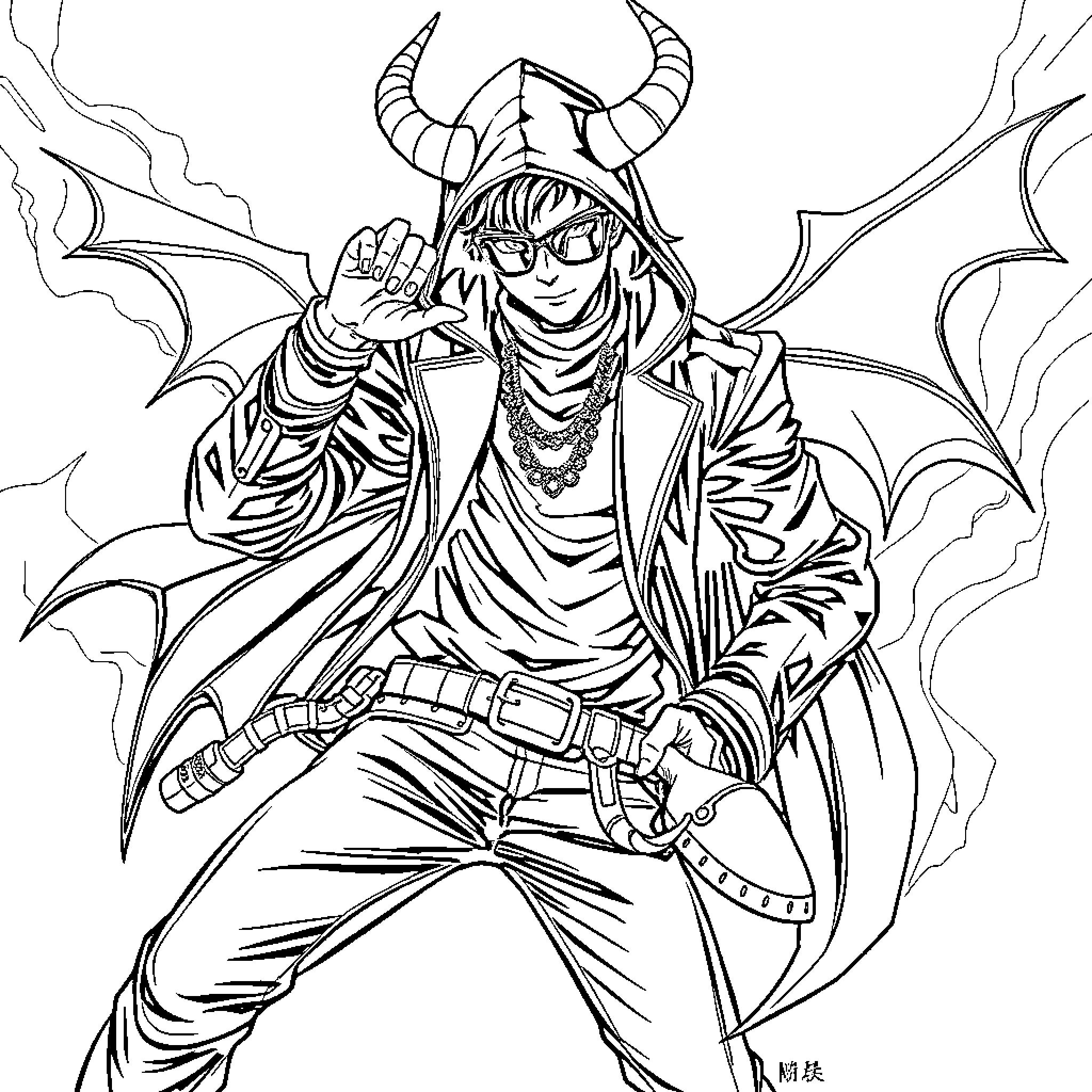 Demon Hunter Wielding Powerful Weapon and Wearing Intimidating Attire Coloring Page (free black-and-white line drawing printable PDF for all, from beginners to advanced learners, including children, teens, adults, and seniors)