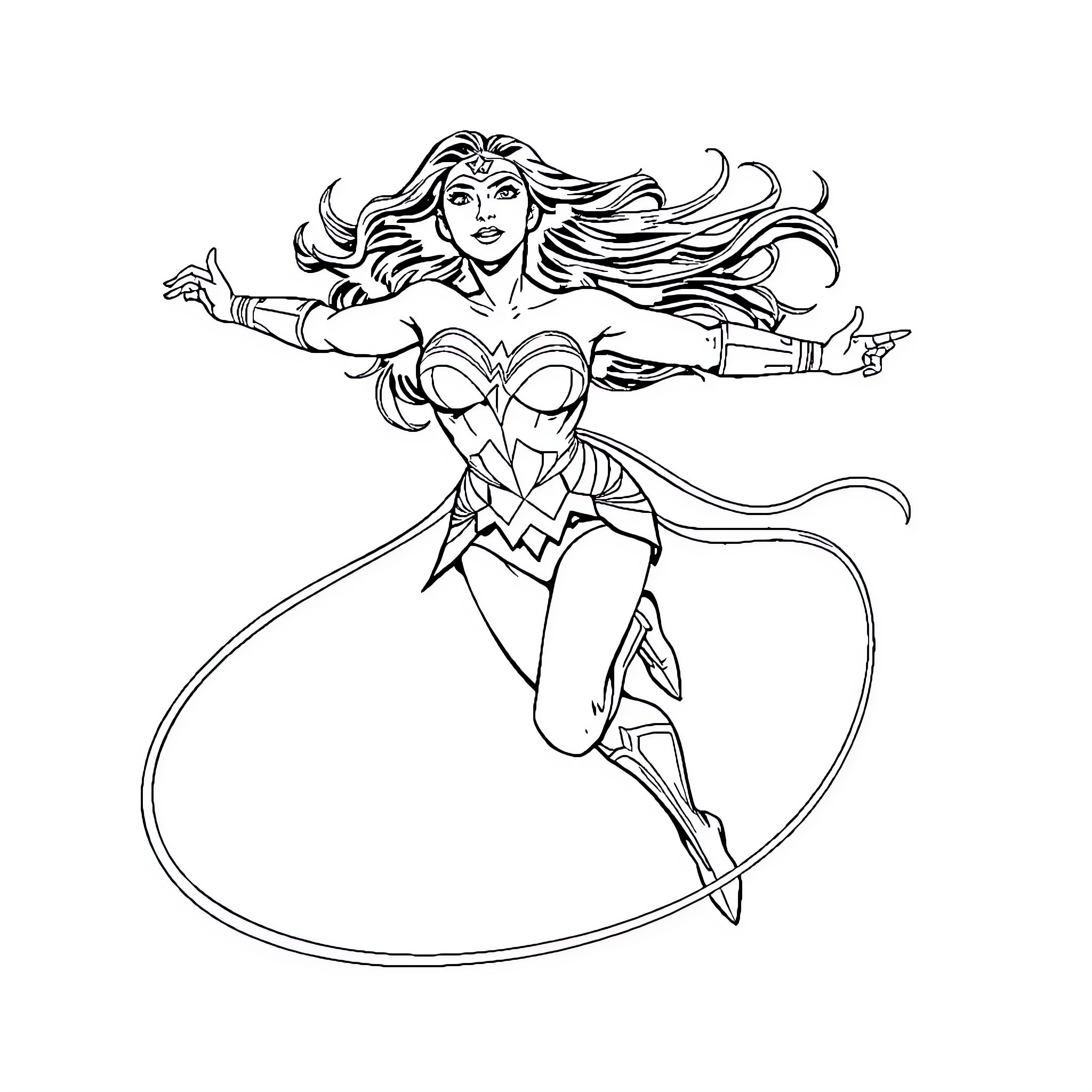 Wonder Woman in action with her lasso and heroic pose Coloring Page (free black-and-white line drawing printable PDF for all, from beginners to advanced learners, including children, teens, adults, and seniors)