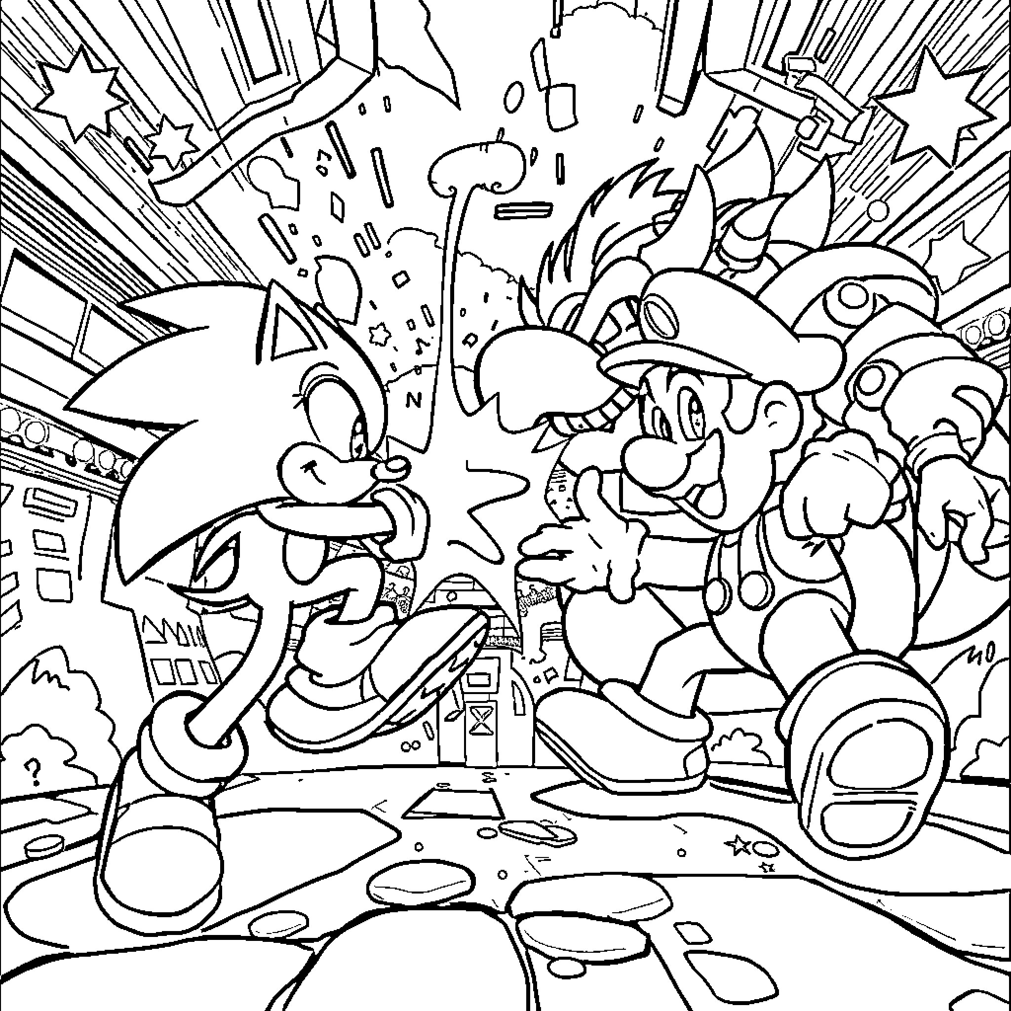 Sonic and Friends Engage in Animated Adventure Coloring Page (free black-and-white line drawing printable PDF for all, from beginners to advanced learners, including children, teens, adults, and seniors)