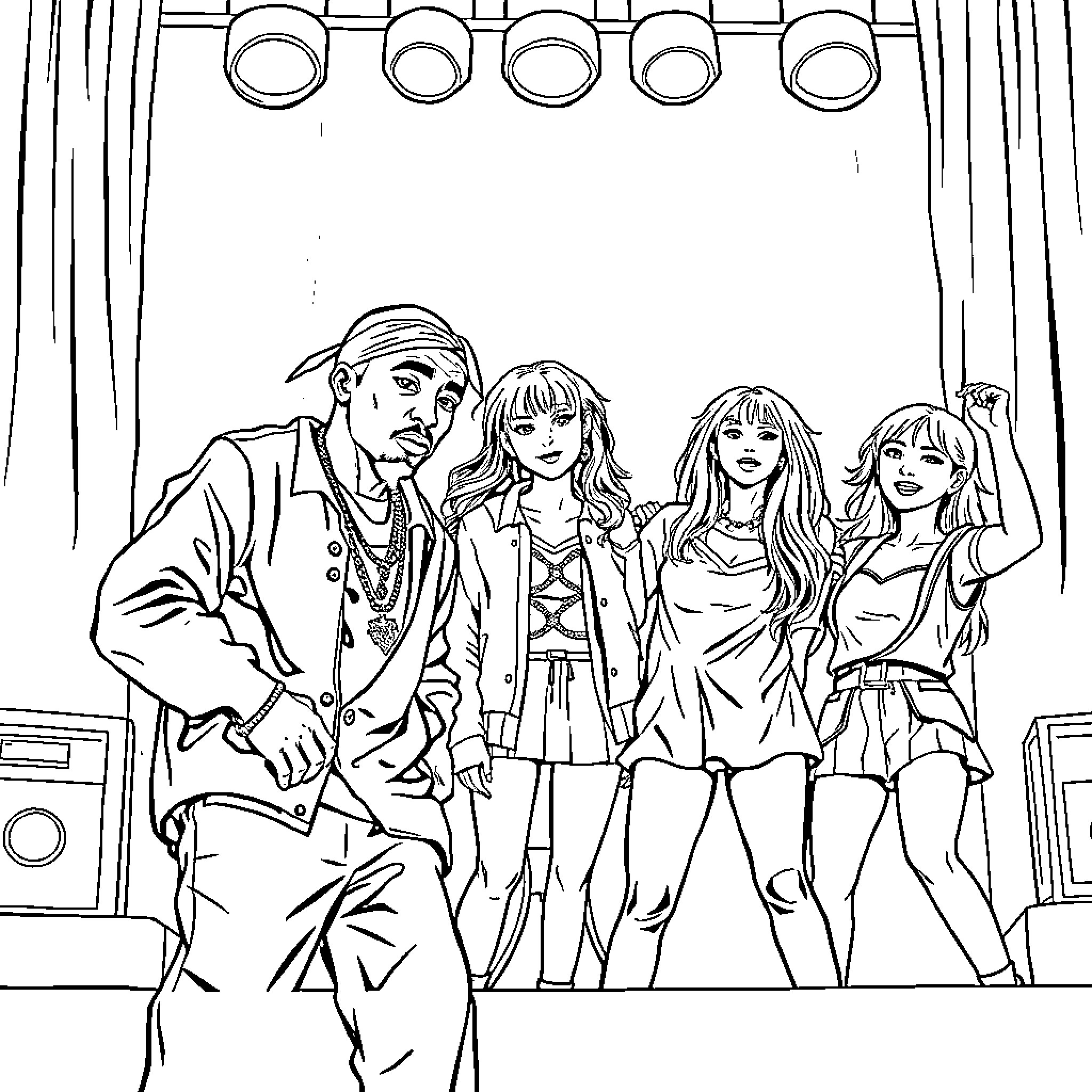 Tupac performing on stage with female musicians Coloring Page (free black-and-white line drawing printable PDF for all, from beginners to advanced learners, including children, teens, adults, and seniors)