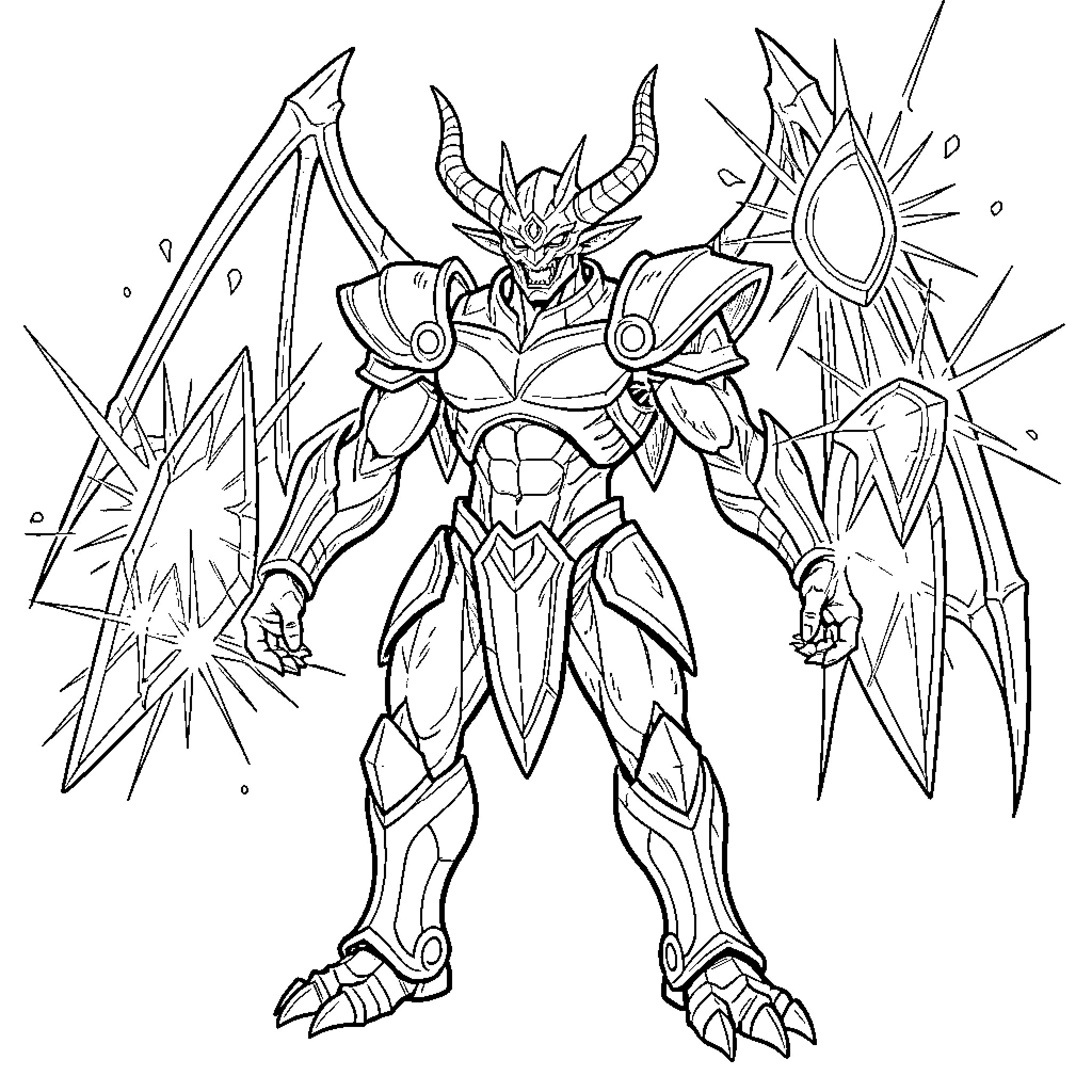 Exodia, the Magnificent Armored Deity Coloring Page (free black-and-white line drawing printable PDF for all, from beginners to advanced learners, including children, teens, adults, and seniors)