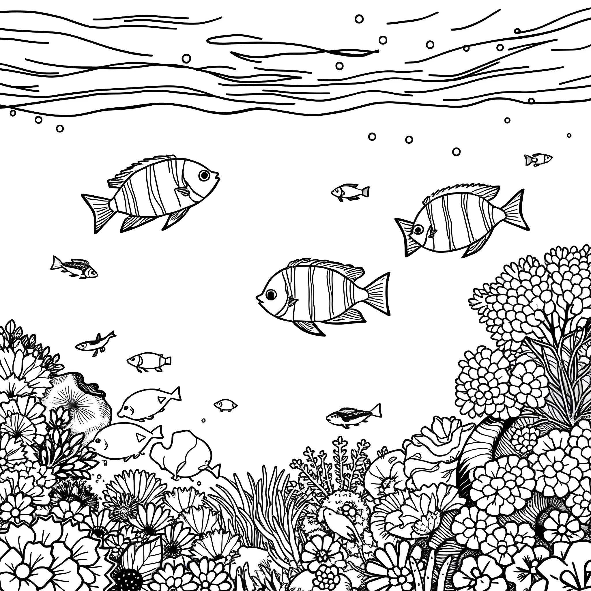 Fish swimming in an underwater scene Coloring Page (free black-and-white line drawing printable PDF for all, from beginners to advanced learners, including children, teens, adults, and seniors)