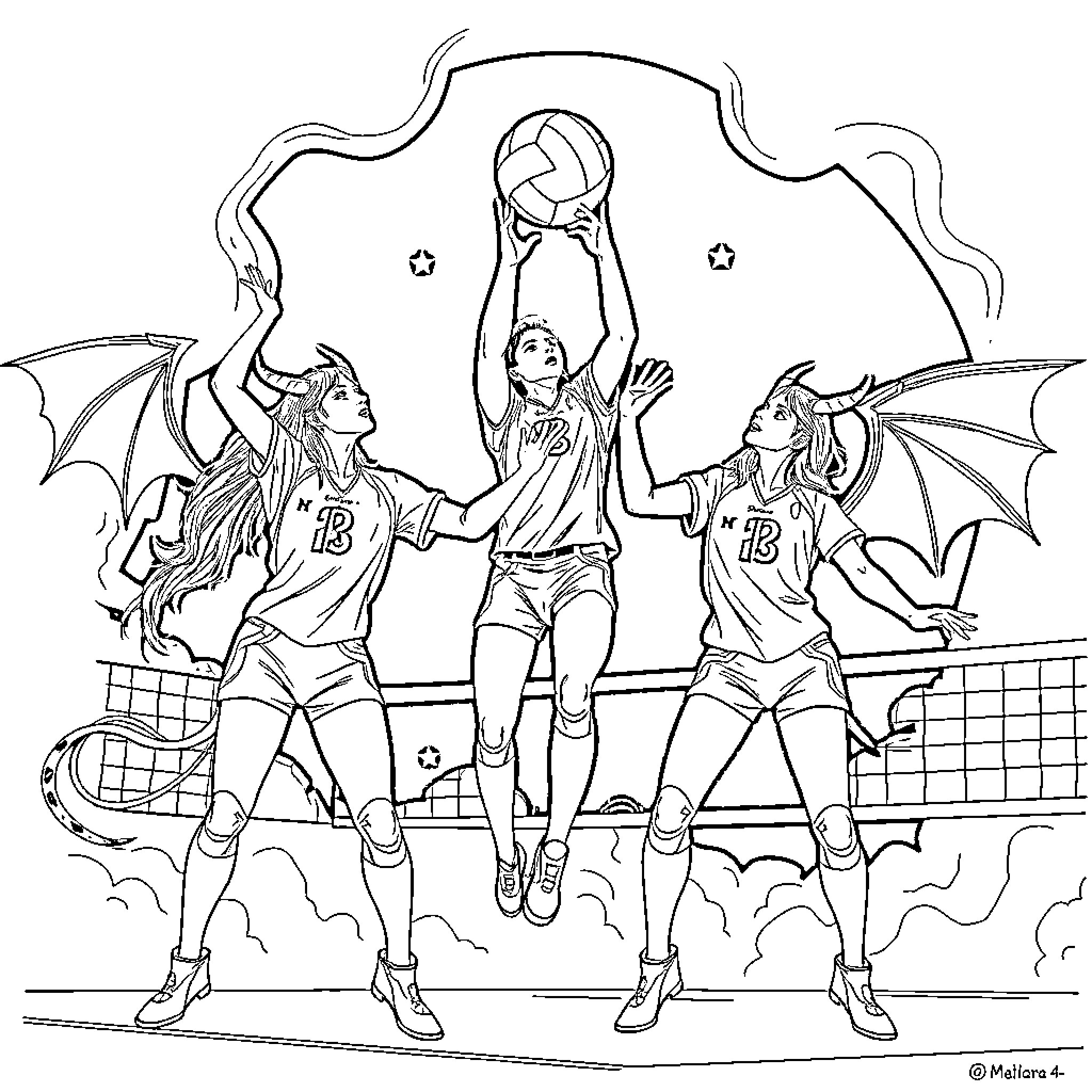 Demon Hunter Girls Compete in Volleyball Match Coloring Page (free black-and-white line drawing printable PDF for all, from beginners to advanced learners, including children, teens, adults, and seniors)